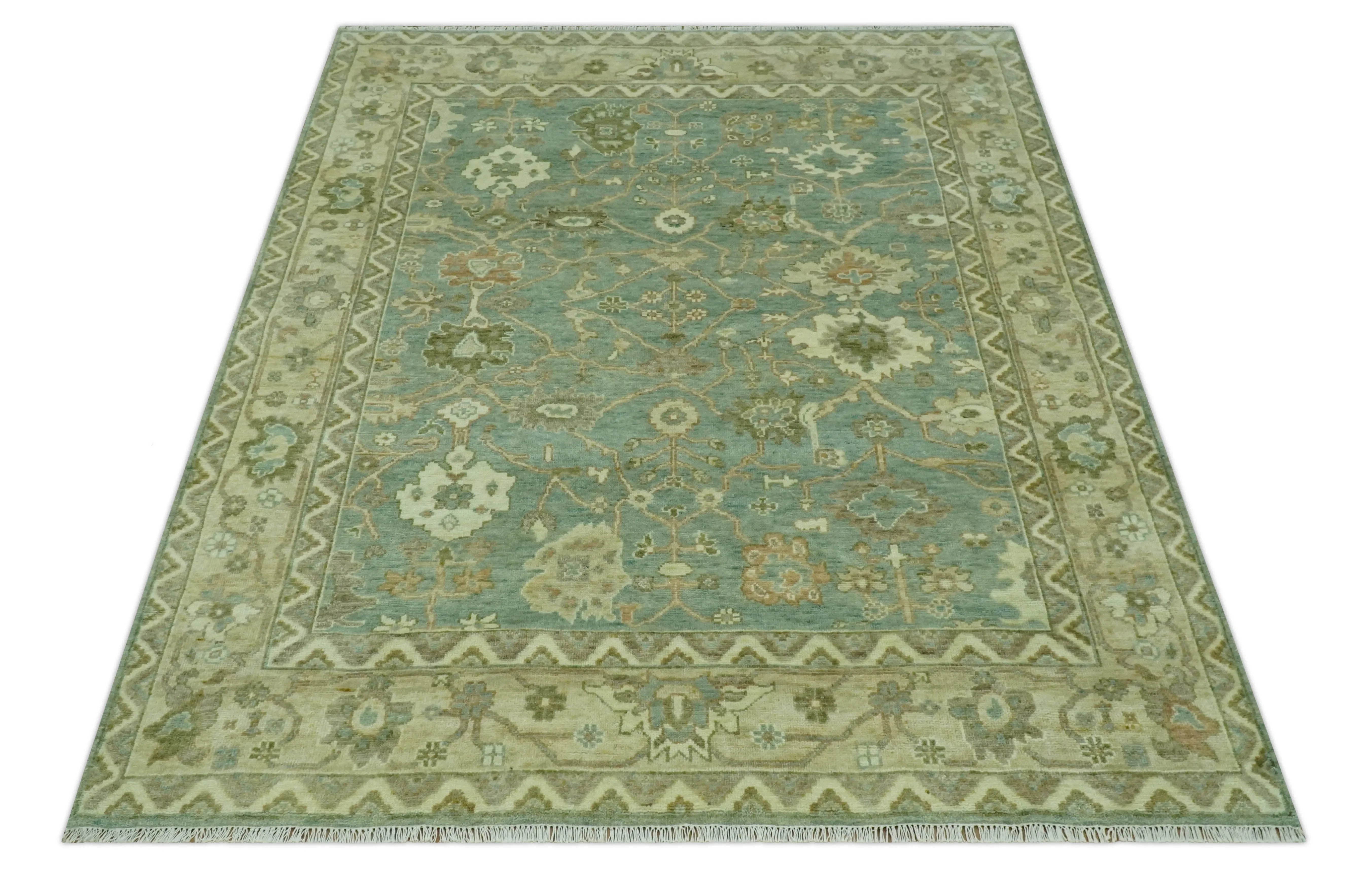 Antique design Green and Beige Traditional Oriental Oushak Custom Made wool area rug - The Mayfair Hall