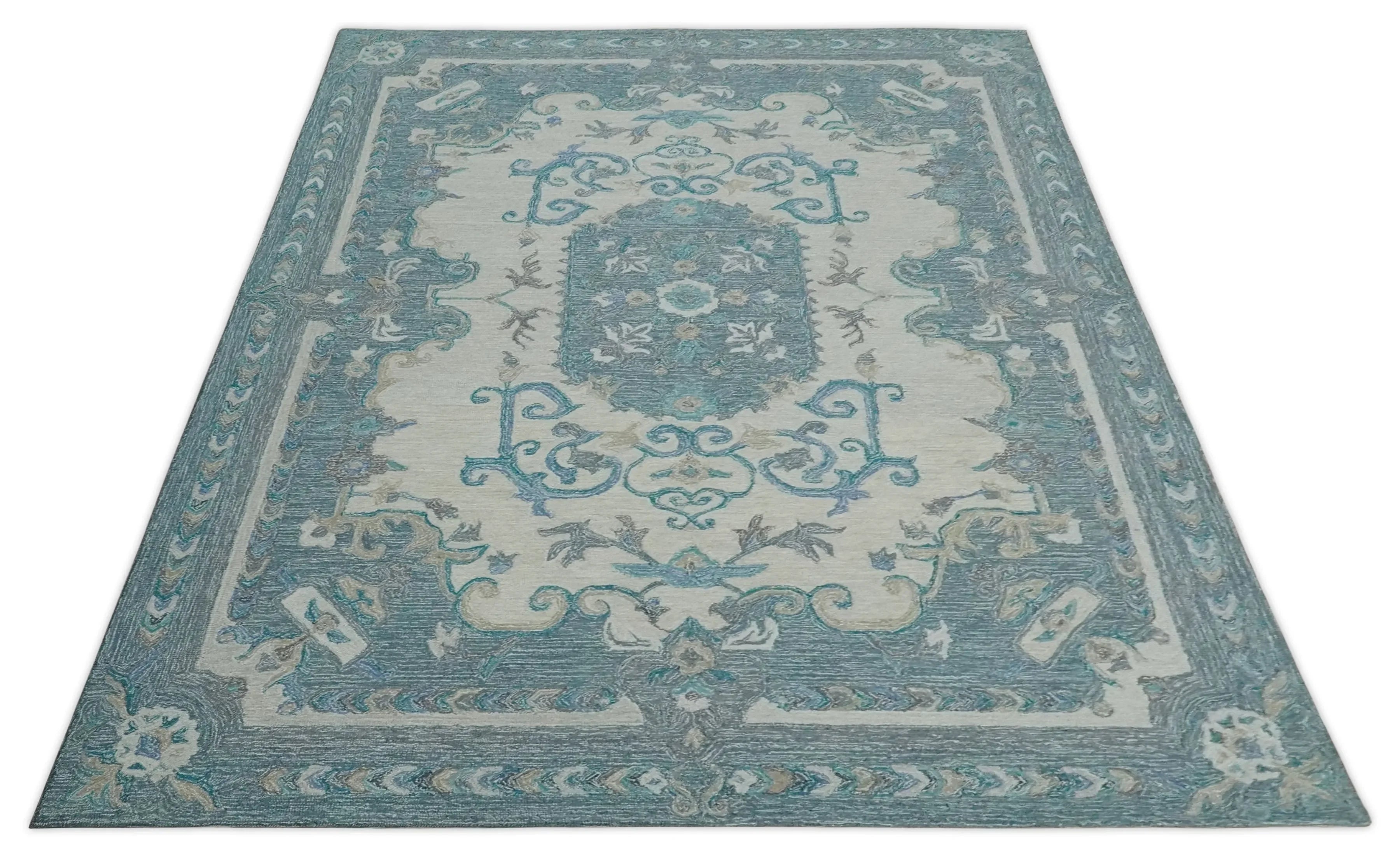 French Design Aubusson Custom Made Ivory and Blue Hand Tufted Wool Area Rug - The Mayfair Hall