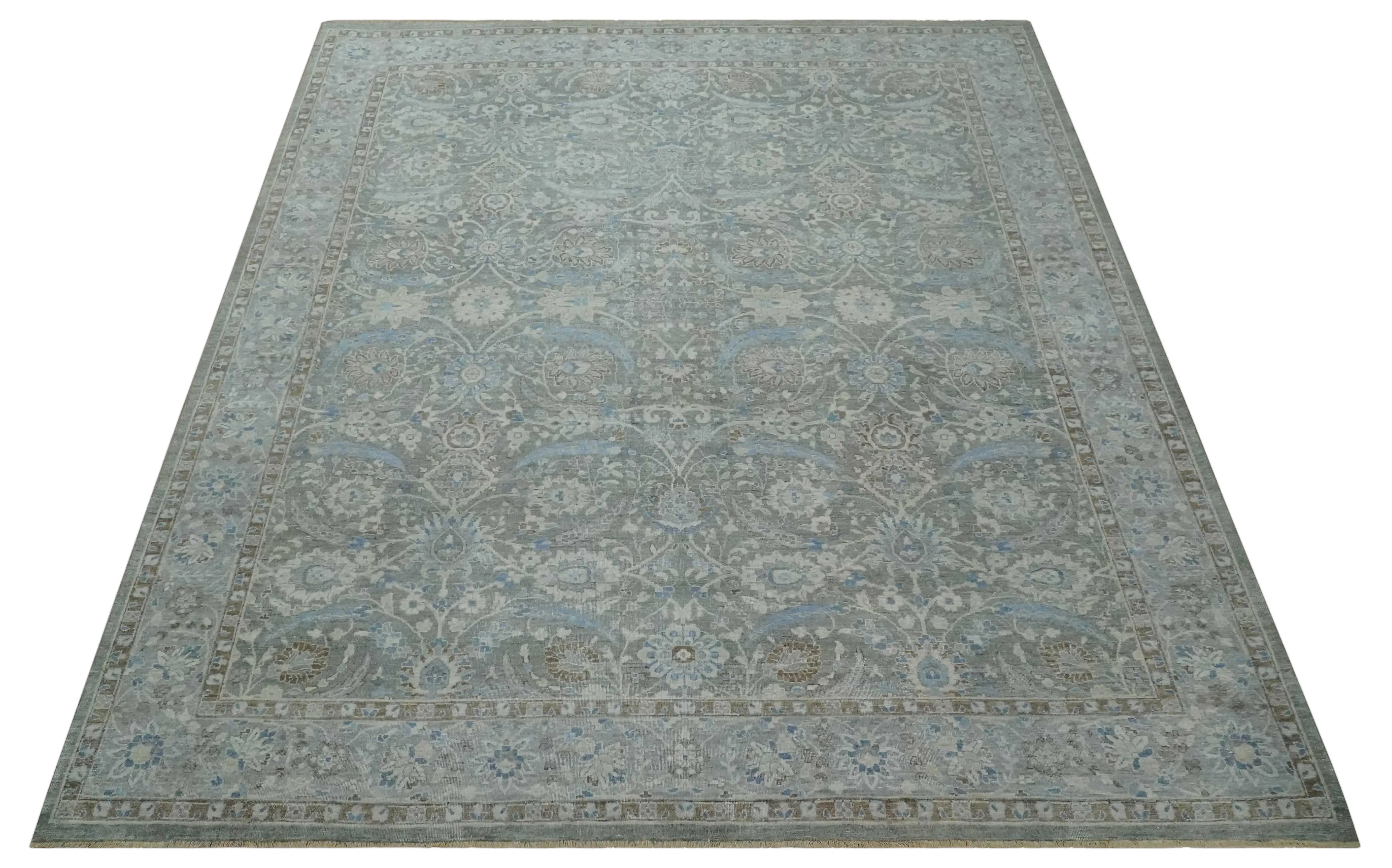Antique Style Blue, Gray and Beige Hand knotted Classic Distressed Finished Custom Made wool Area Rug - The Mayfair Hall