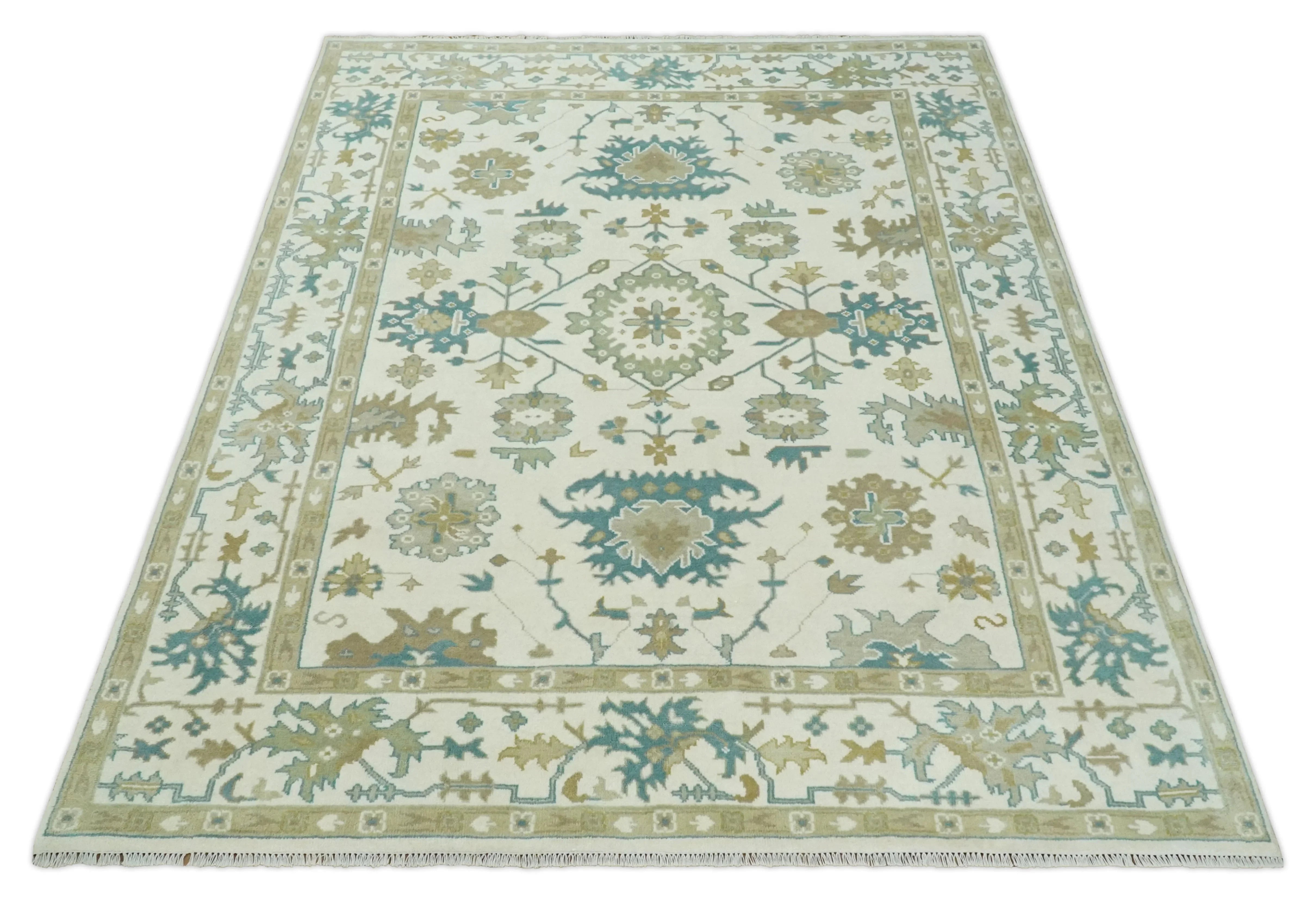 Hand Knotted Ivory, Beige and Teal Antique look Traditional Oushak Multi Size Wool Area Rug - The Mayfair Hall