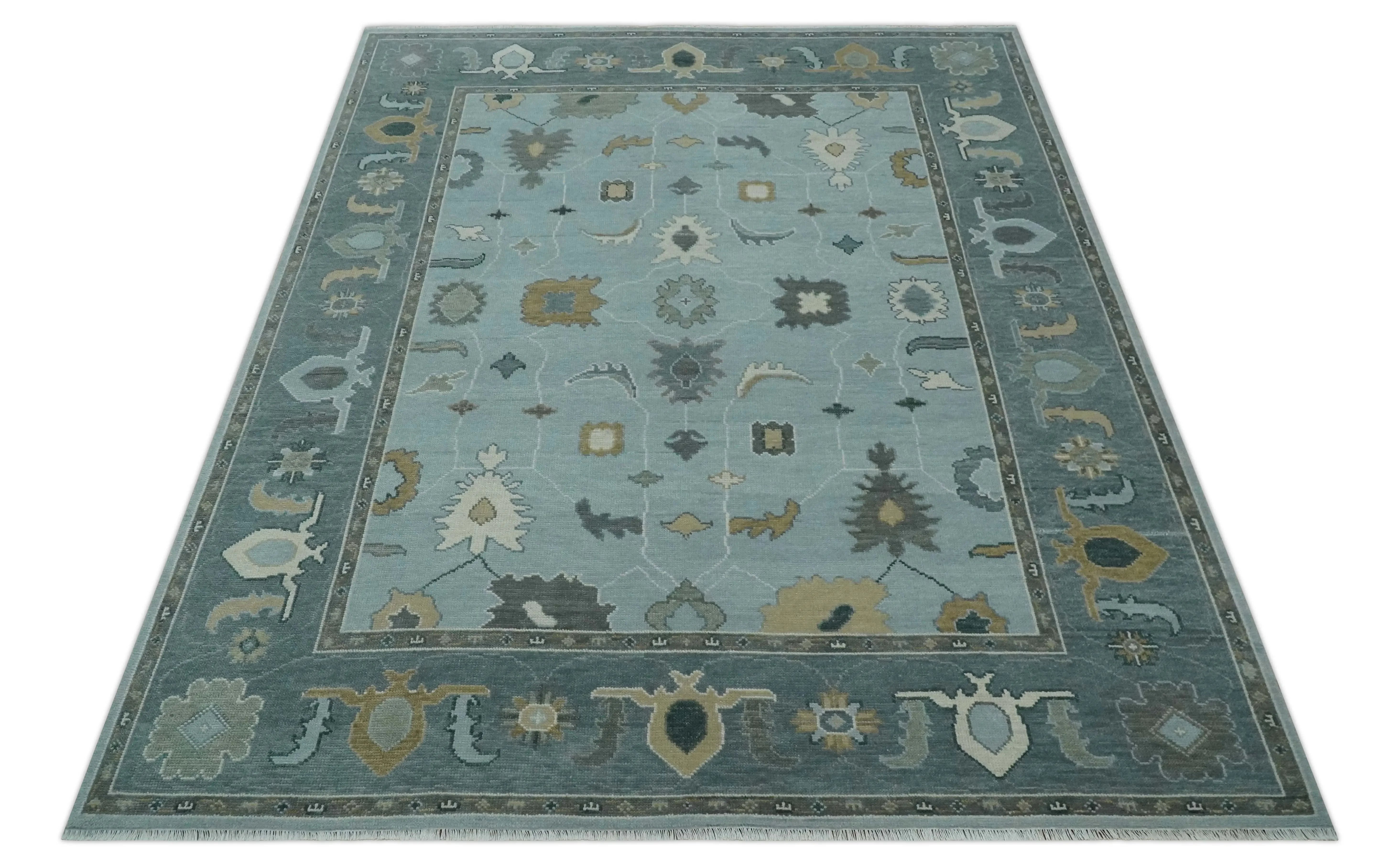 Bluish Gray and Aqua Hand knotted Oriental Oushak Custom Made wool Area Rug - The Mayfair Hall