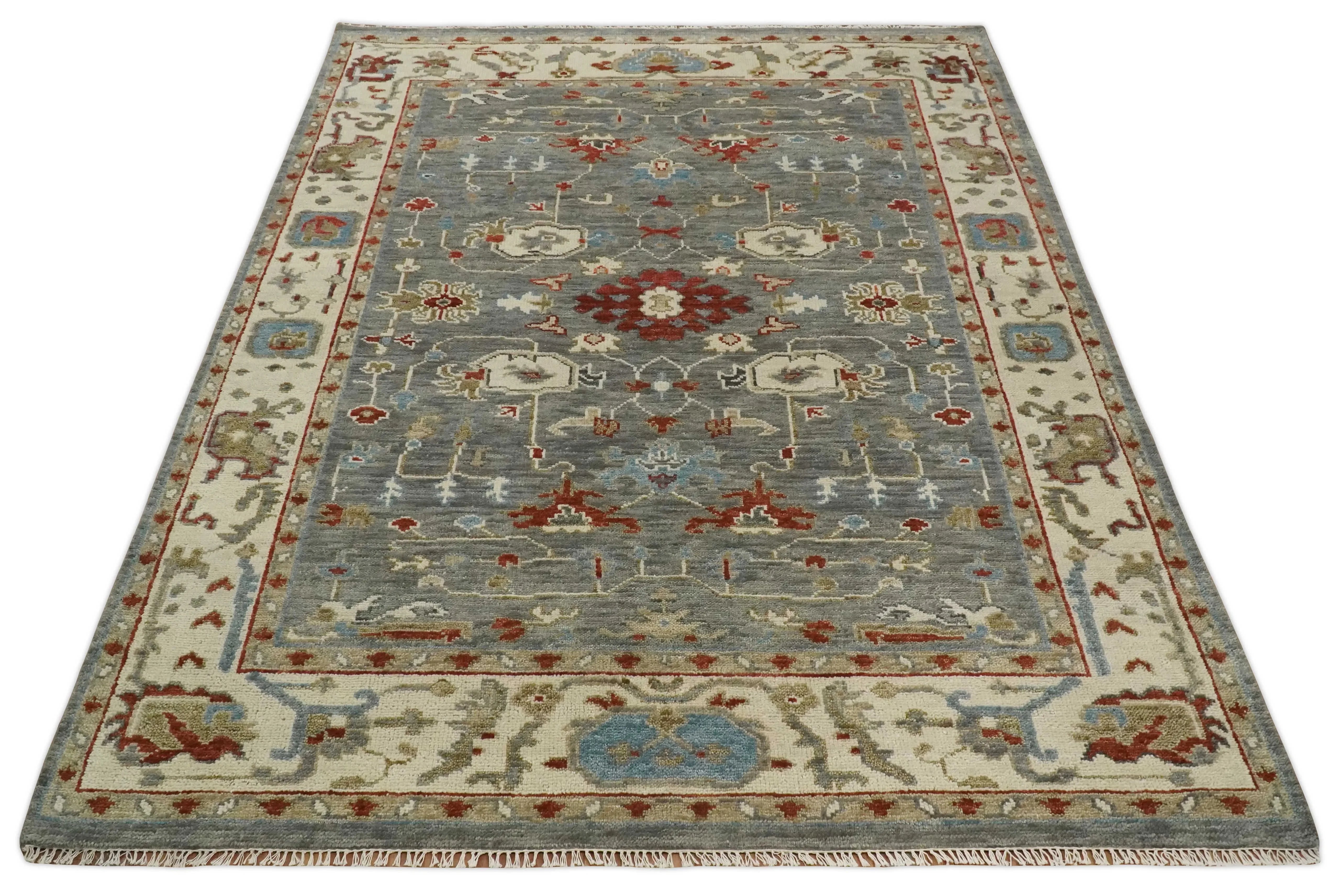 Hand Knotted Living Room Rug Charcoal, Red and Beige Traditional Vintage Style Custom Made Wool Area Rug - The Mayfair Hall
