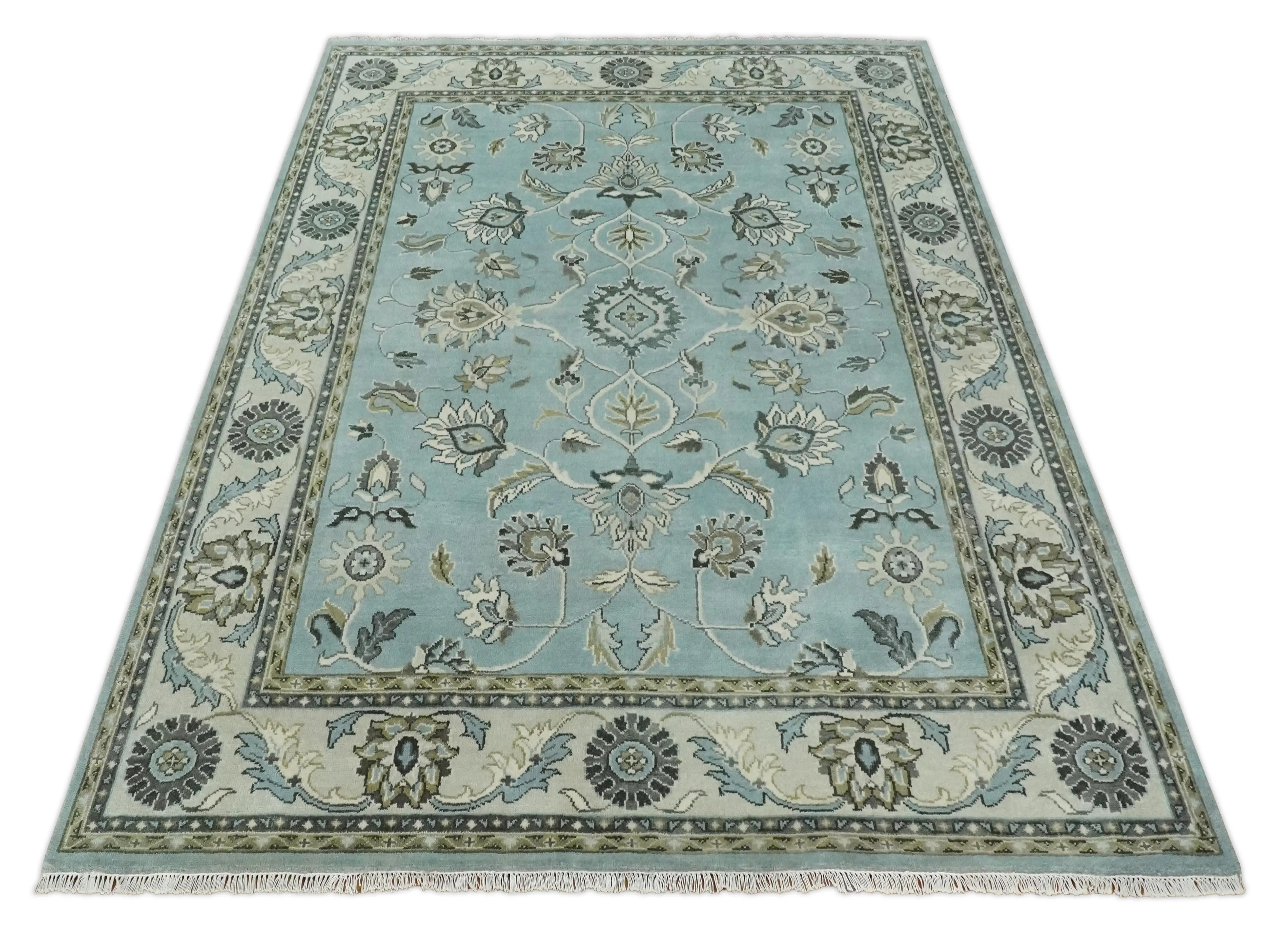 8x10 and 9x12 Antique Hand Knotted Blue and Ivory Traditional Vintage Persian Oushak Wool Rug | TRDCP998912 - The Mayfair Hall