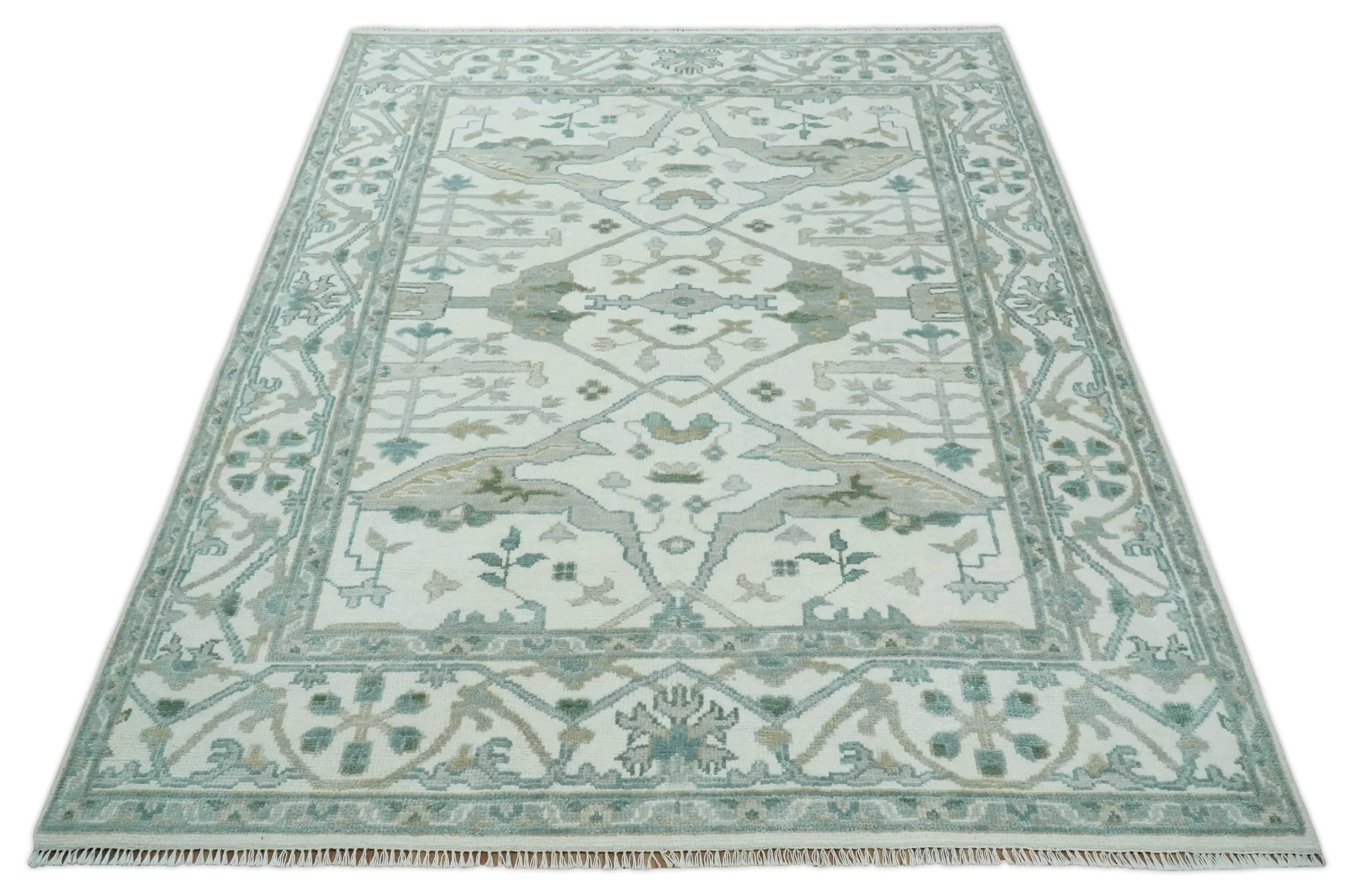 Custom Made Hand Knotted Oriental Oushak Ivory and Teal Wool Area Rug - The Mayfair Hall