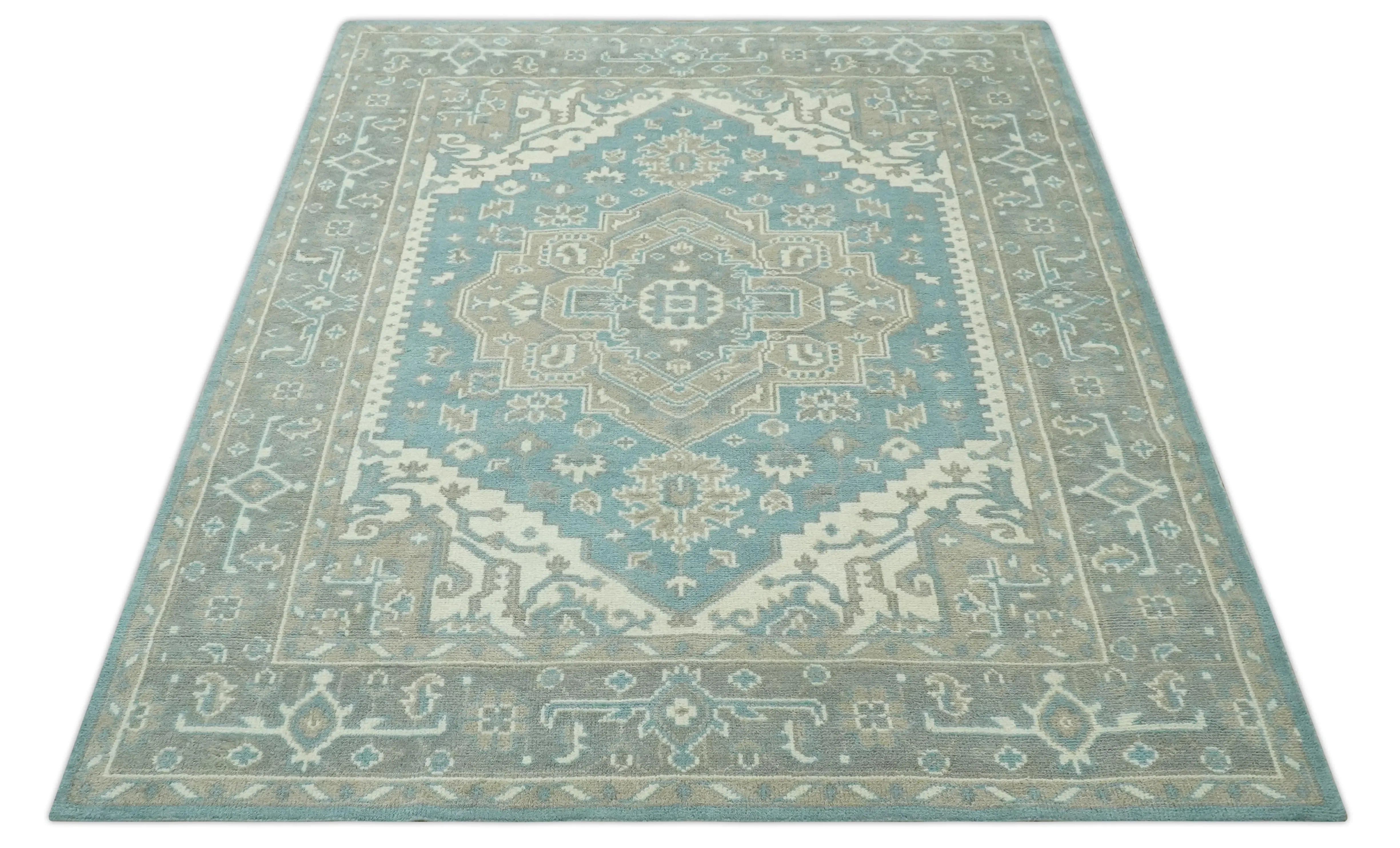 Custom Made Hand Knotted Blue, Ivory, Camel and Gray Traditional Heriz wool rug - The Mayfair Hall