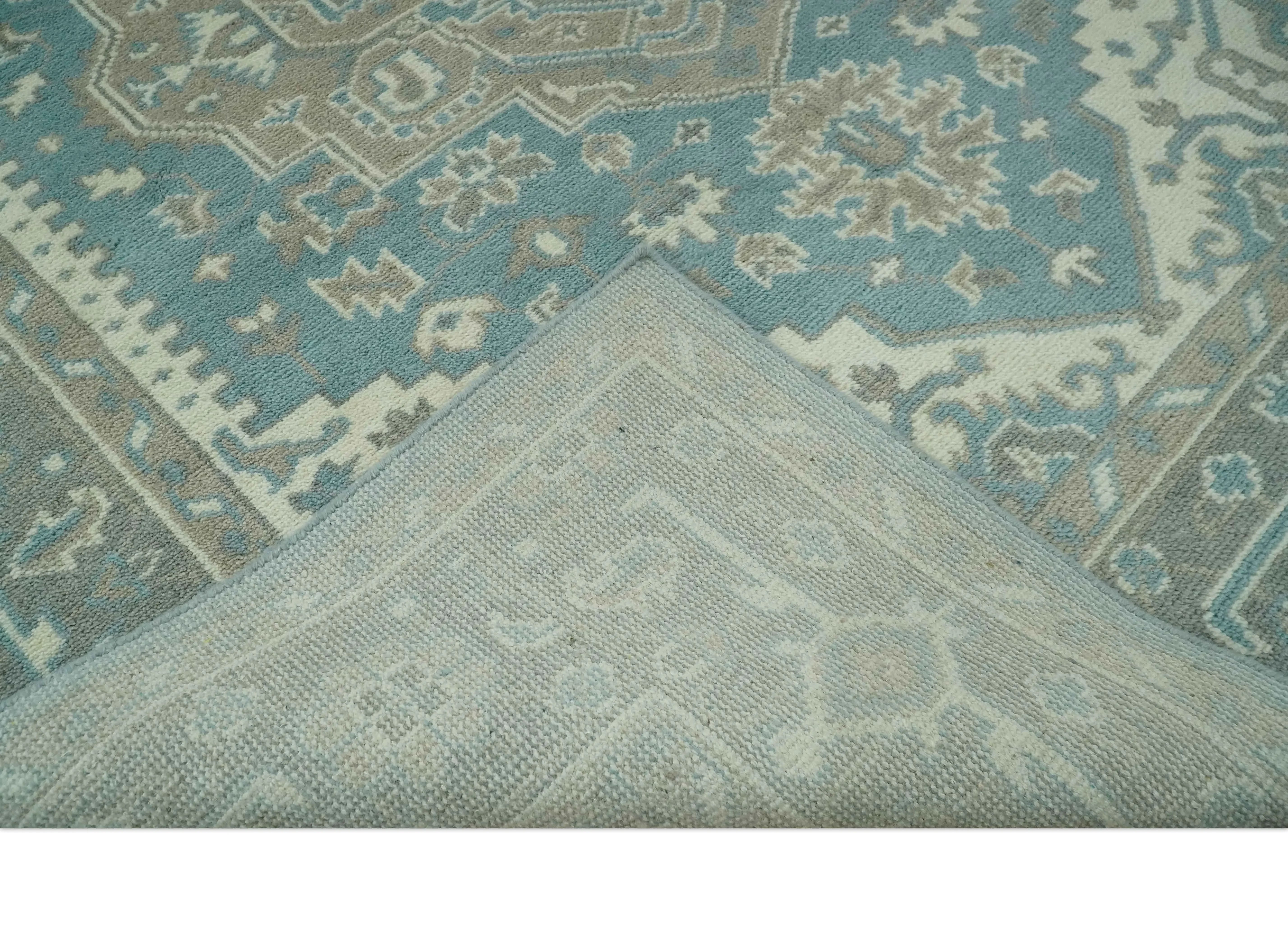 Custom Made Hand Knotted Blue, Ivory, Camel and Gray Traditional Heriz wool rug - The Mayfair Hall
