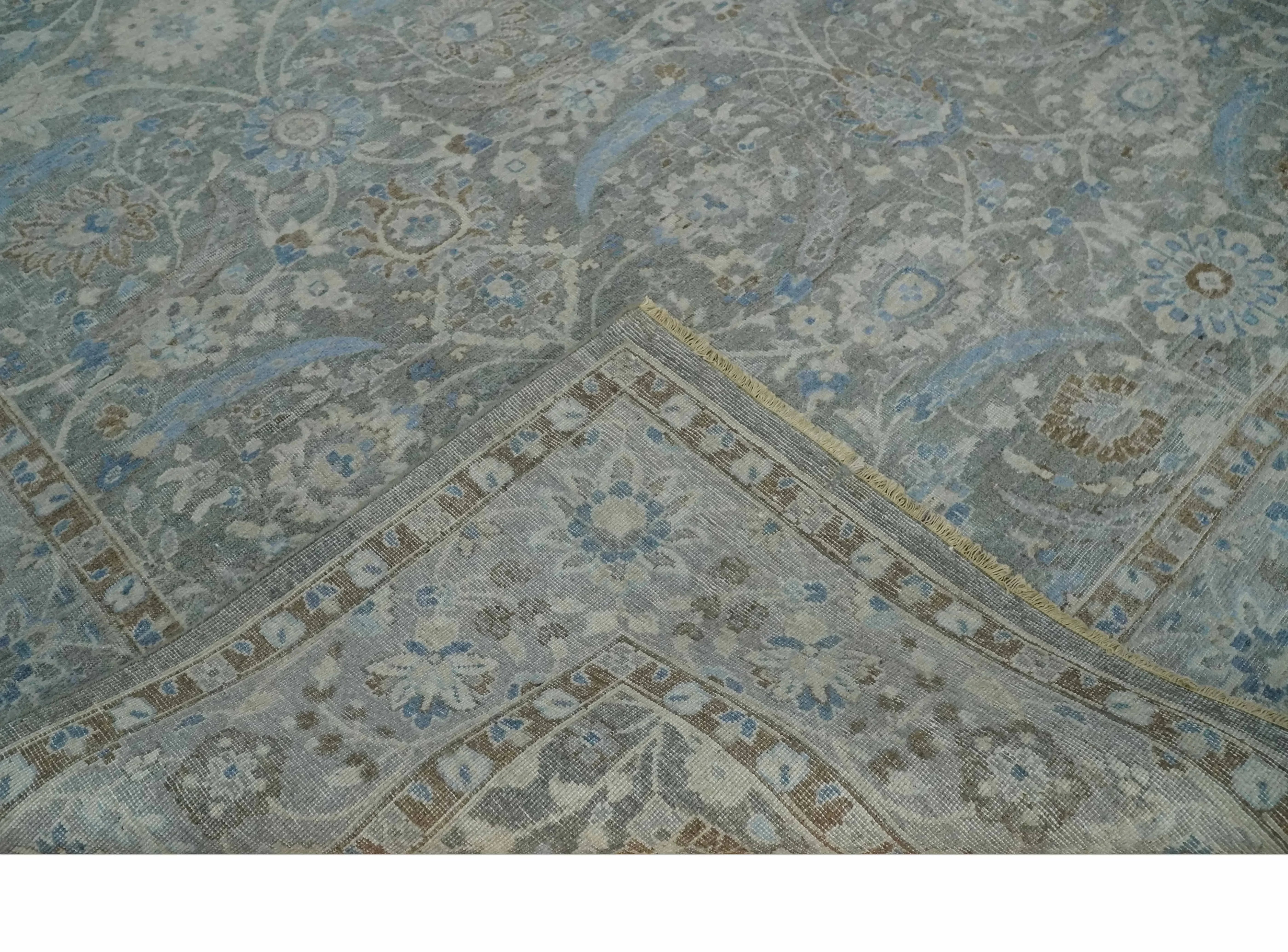 Antique Style Blue, Gray and Beige Hand knotted Classic Distressed Finished Custom Made wool Area Rug - The Mayfair Hall