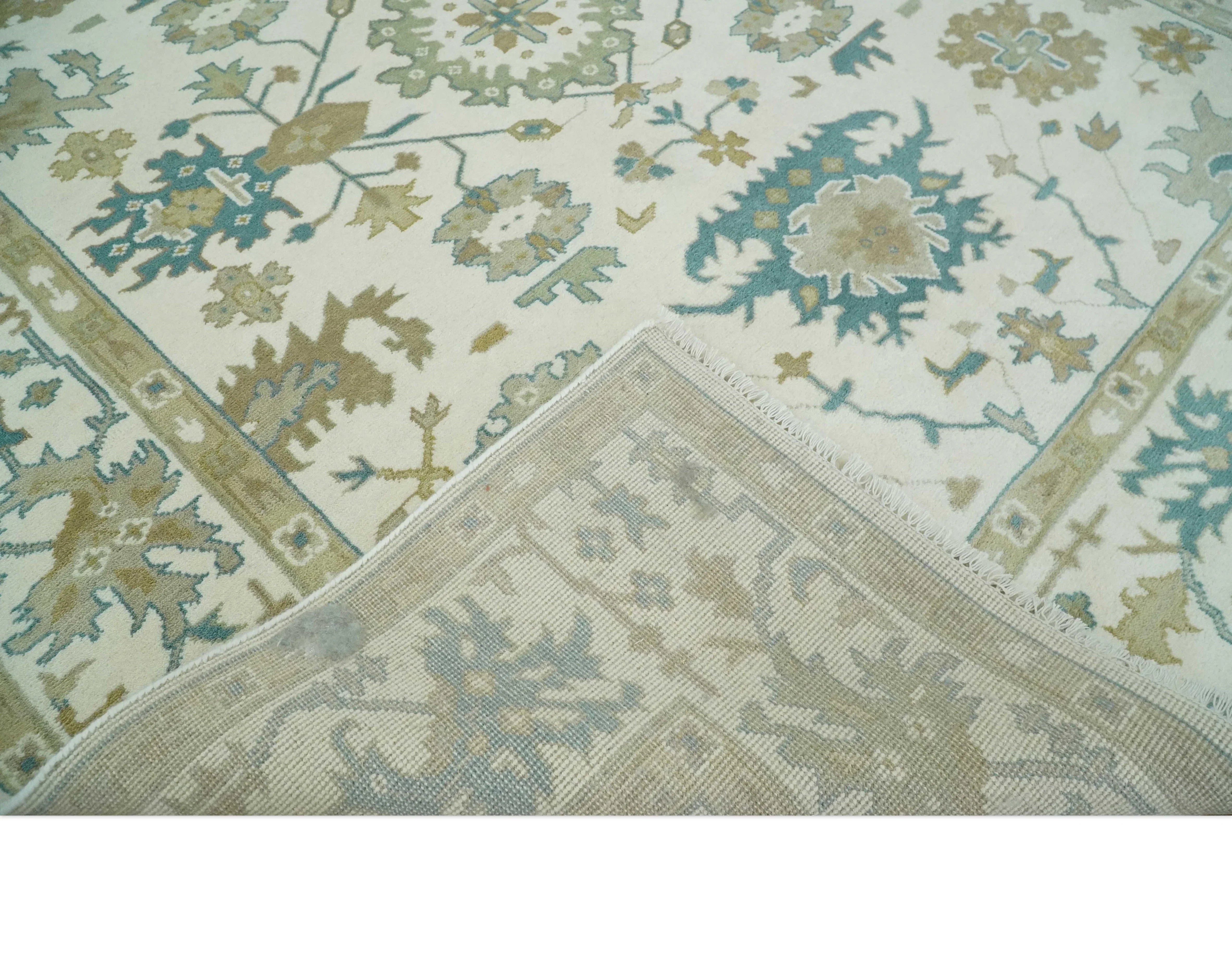 Hand Knotted Ivory, Beige and Teal Antique look Traditional Oushak Multi Size Wool Area Rug - The Mayfair Hall