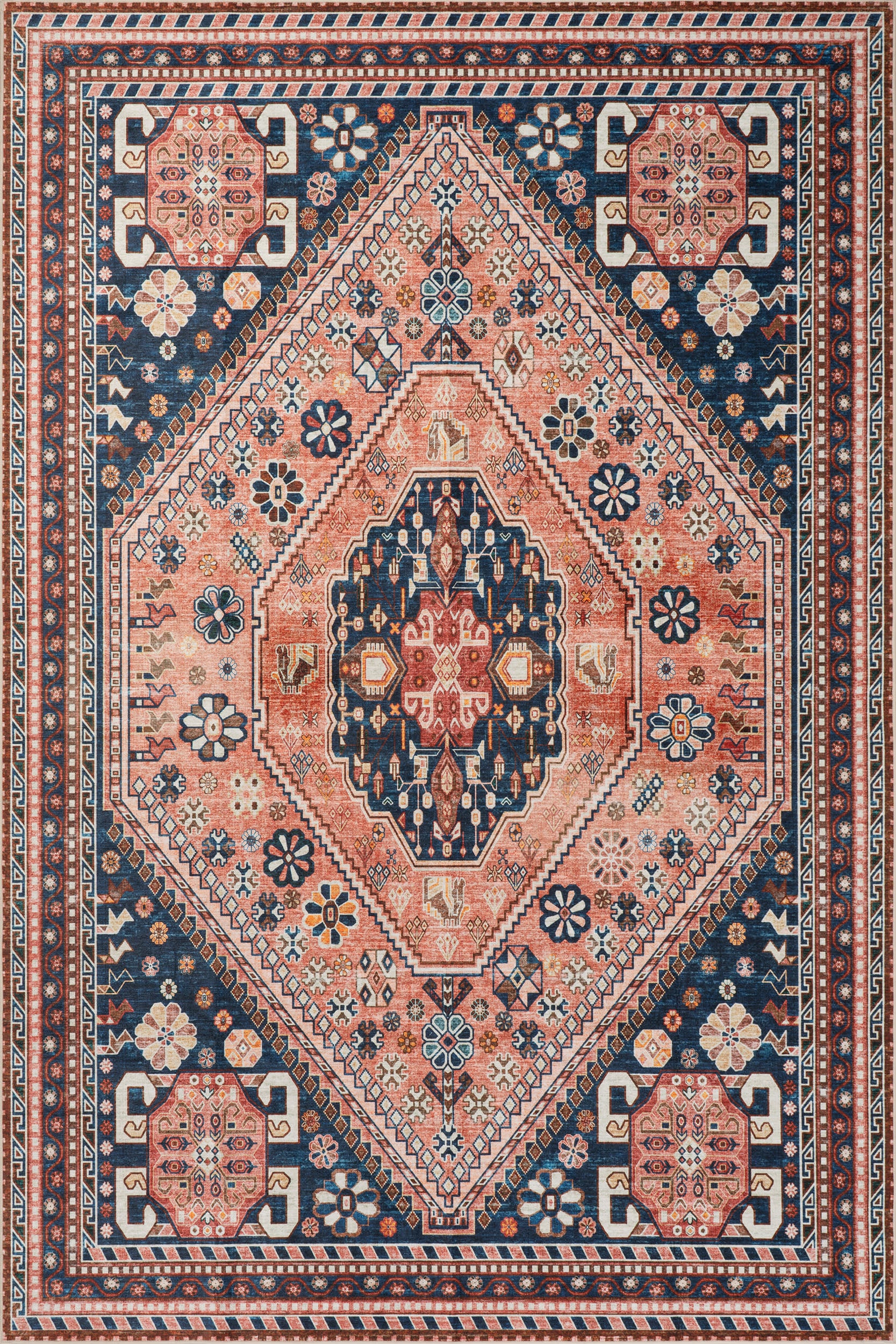 Isolated view of Dark Blue Rectangle Celia Medallion Spill Proof Washable Rug, showcasing its design