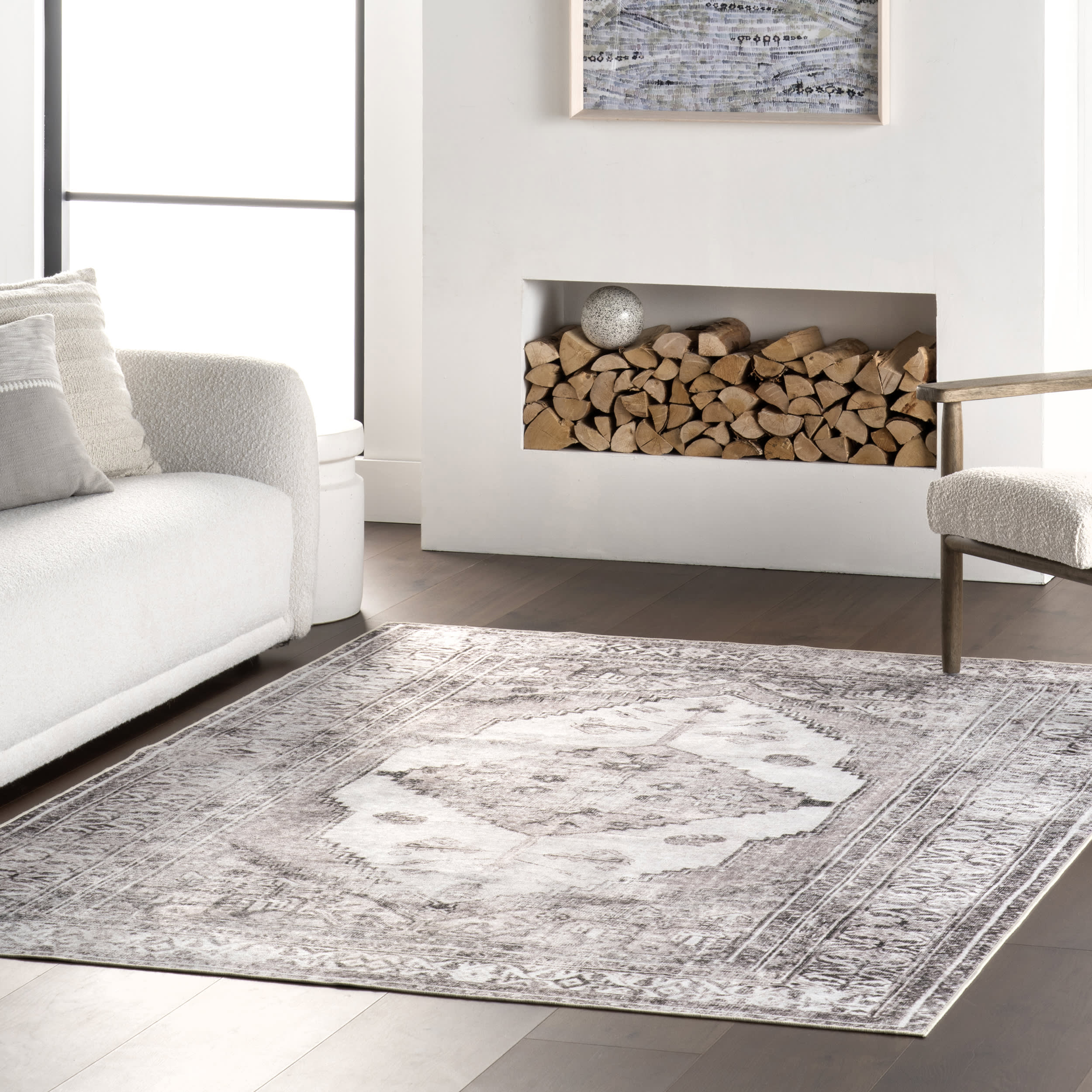 Medallion Spill Proof Washable Rug | Light Grey