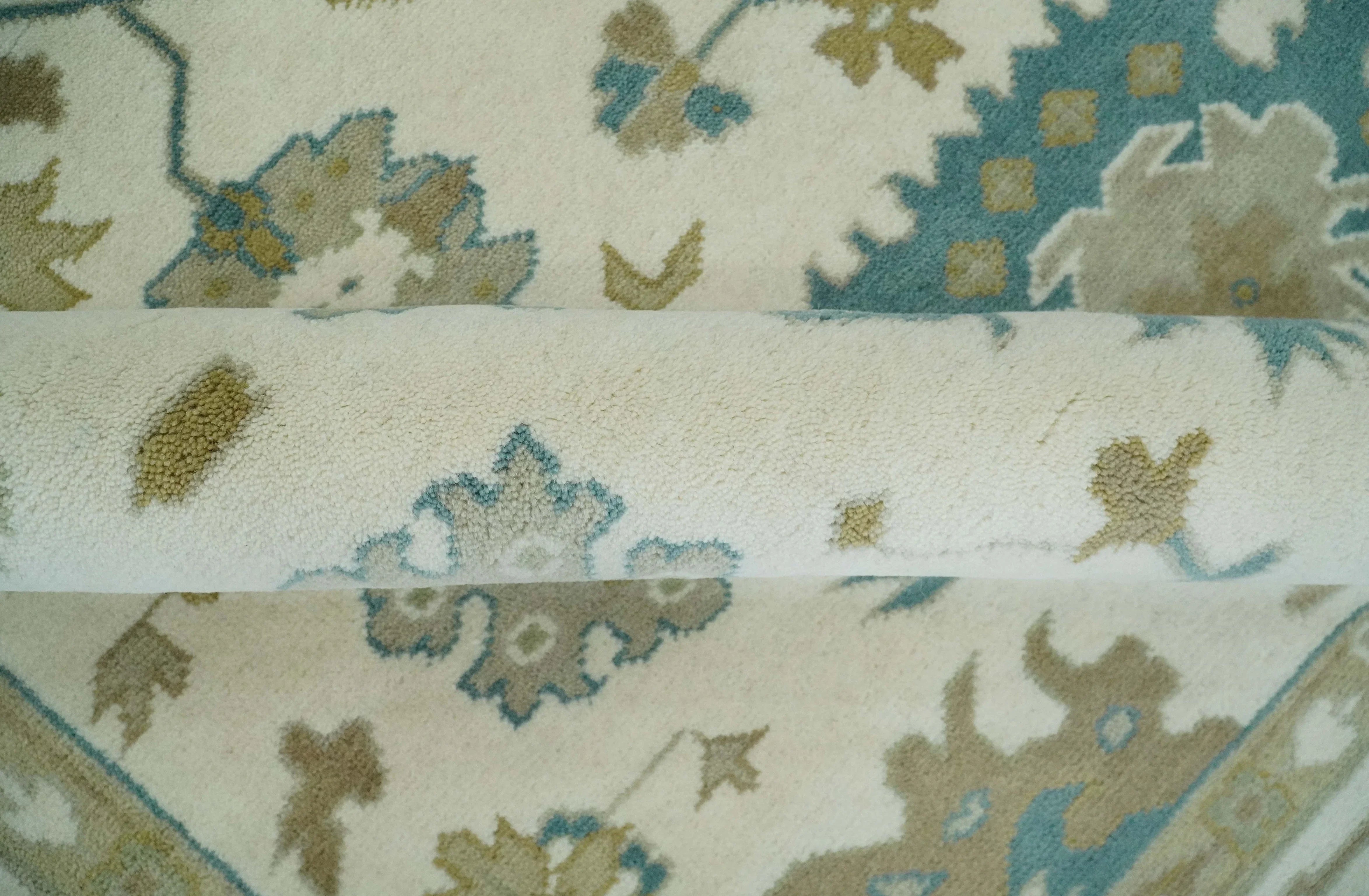 Hand Knotted Ivory, Beige and Teal Antique look Traditional Oushak Multi Size Wool Area Rug - The Mayfair Hall