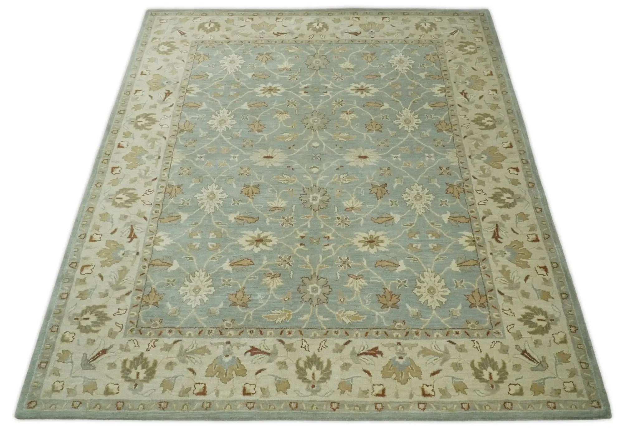 5x8 and 8x10 Blue and Beige Handmade Classic Vintage Design Wool Area Rug | TRDCP117TUF - The Mayfair Hall
