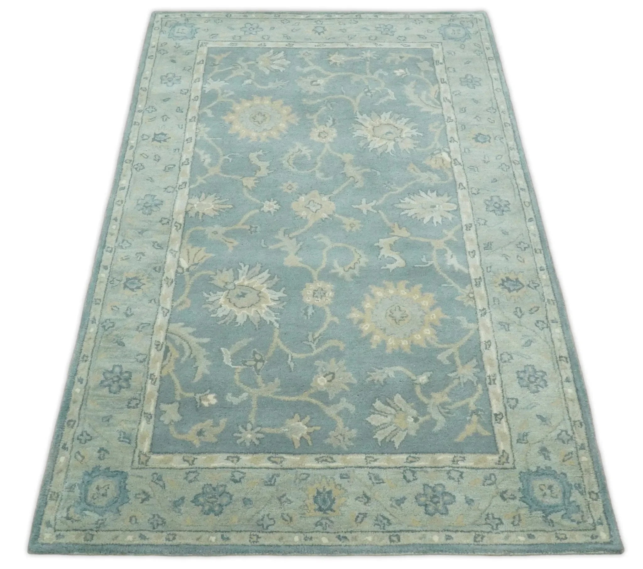 5x8 and 9x12 Handmade Classic Vintage Design Blue and Silver Wool Area Rug | TRDCP12158 - The Mayfair Hall