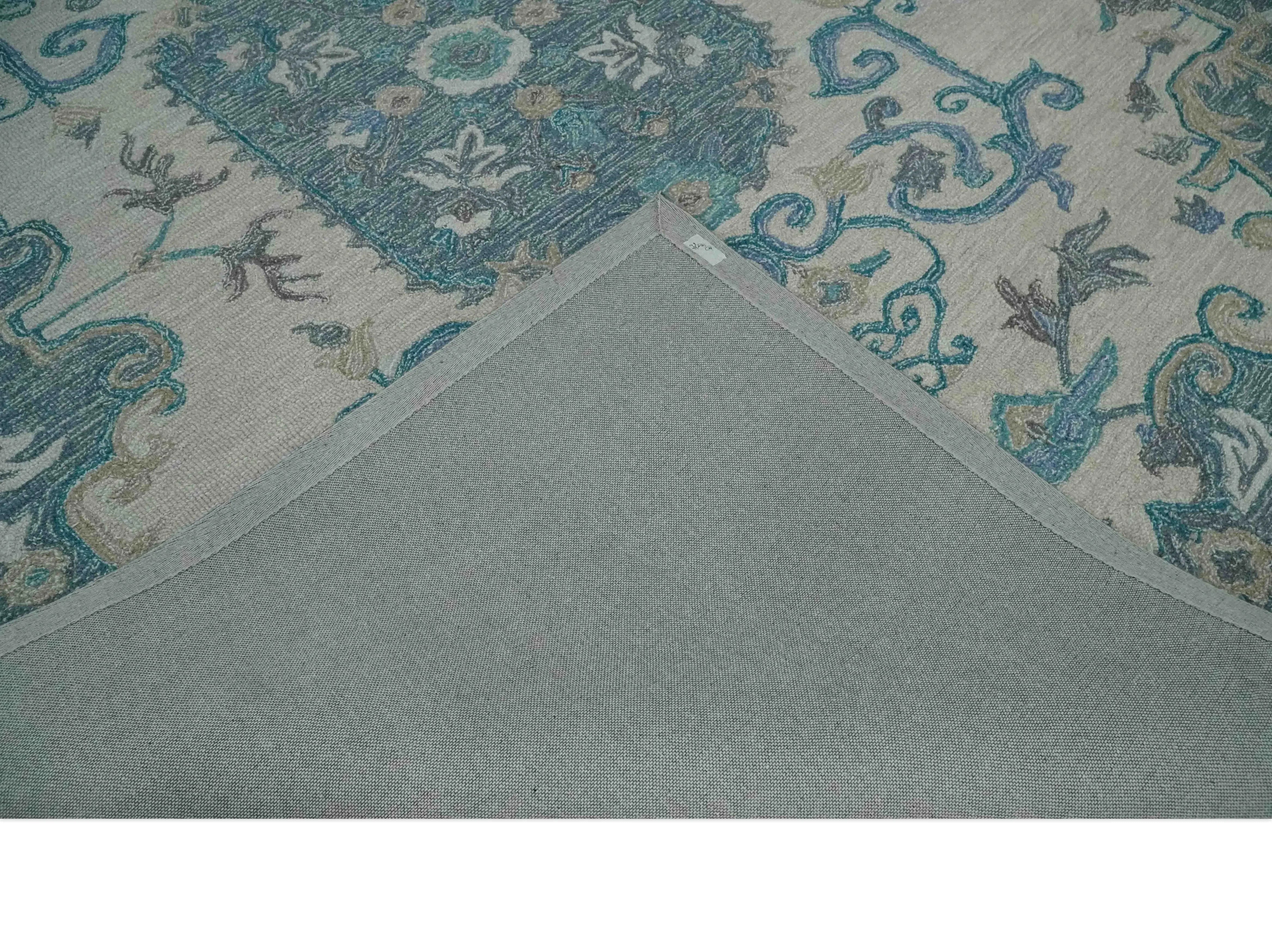 French Design Aubusson Custom Made Ivory and Blue Hand Tufted Wool Area Rug - The Mayfair Hall