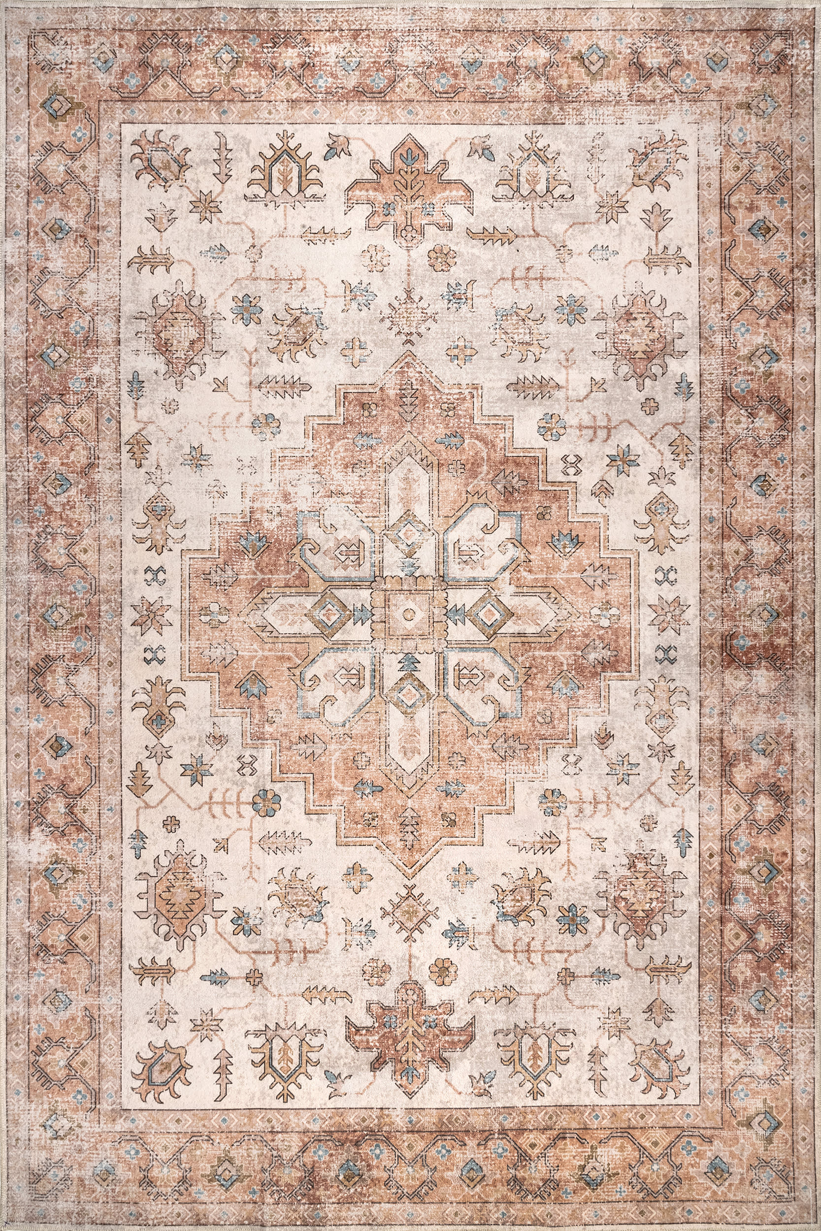 Isolated view of Peach Rectangle Mara Medallion Spill Proof Washable Rug, showcasing its design