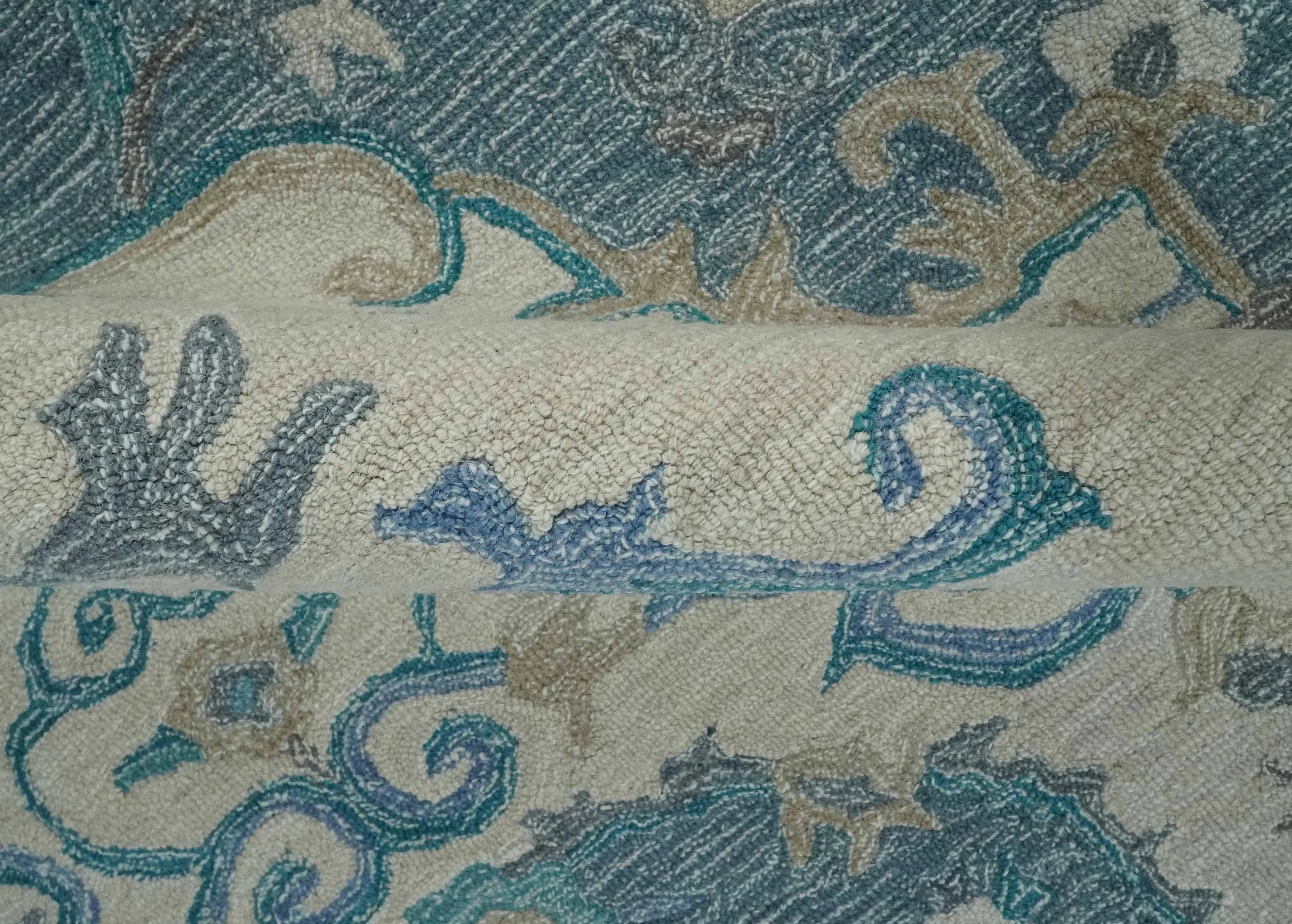 French Design Aubusson Custom Made Ivory and Blue Hand Tufted Wool Area Rug - The Mayfair Hall