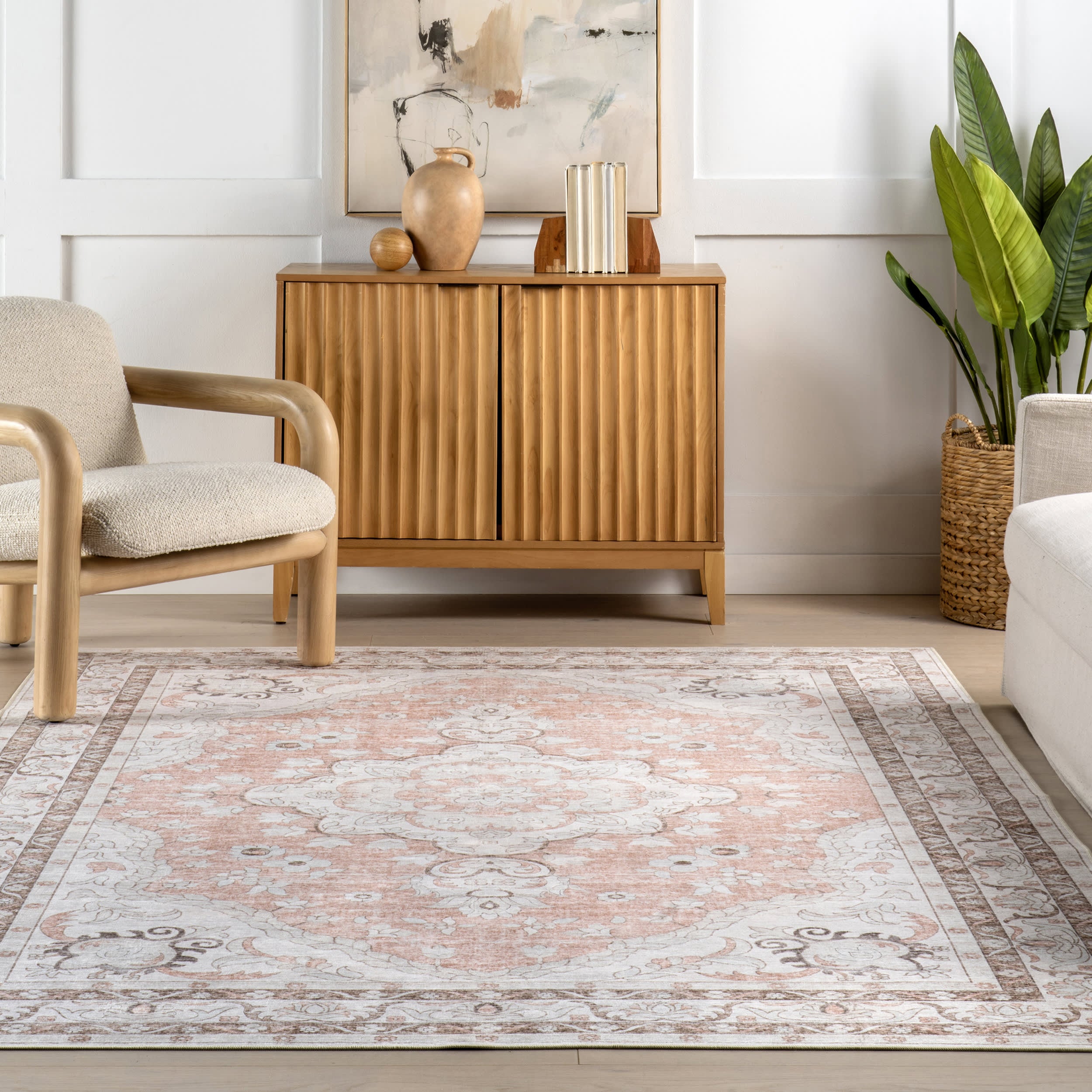 Faded Rosette Spill Proof Washable Rug | Peach