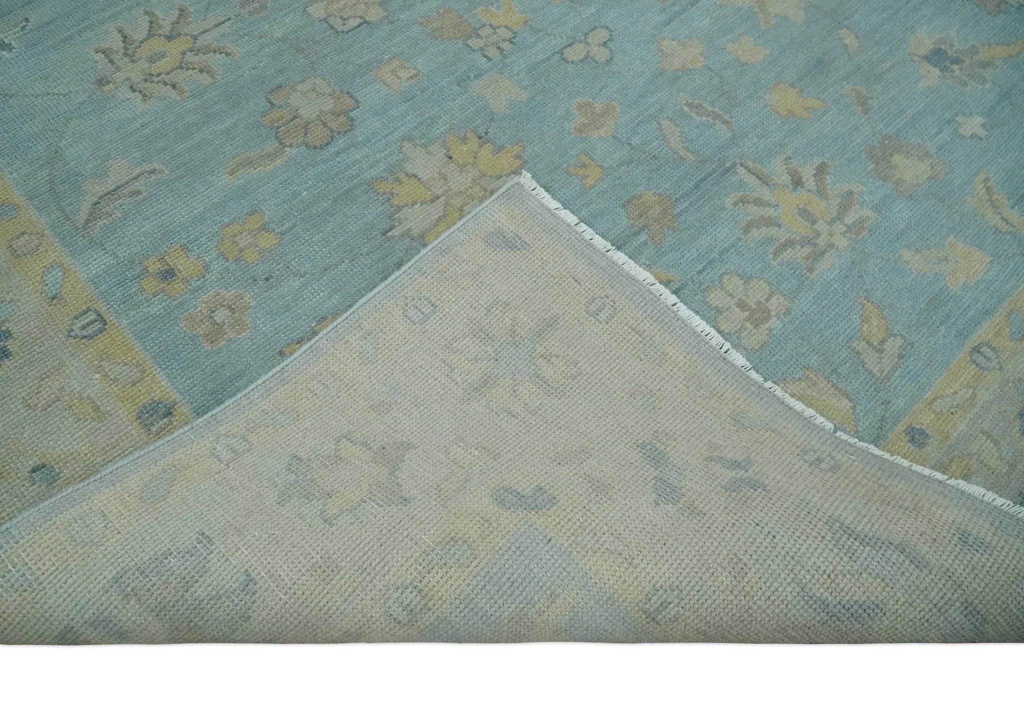 Made to Order Aqua, Beige and Ivory Hand Knotted Floral Oushak Wool Rug - The Mayfair Hall