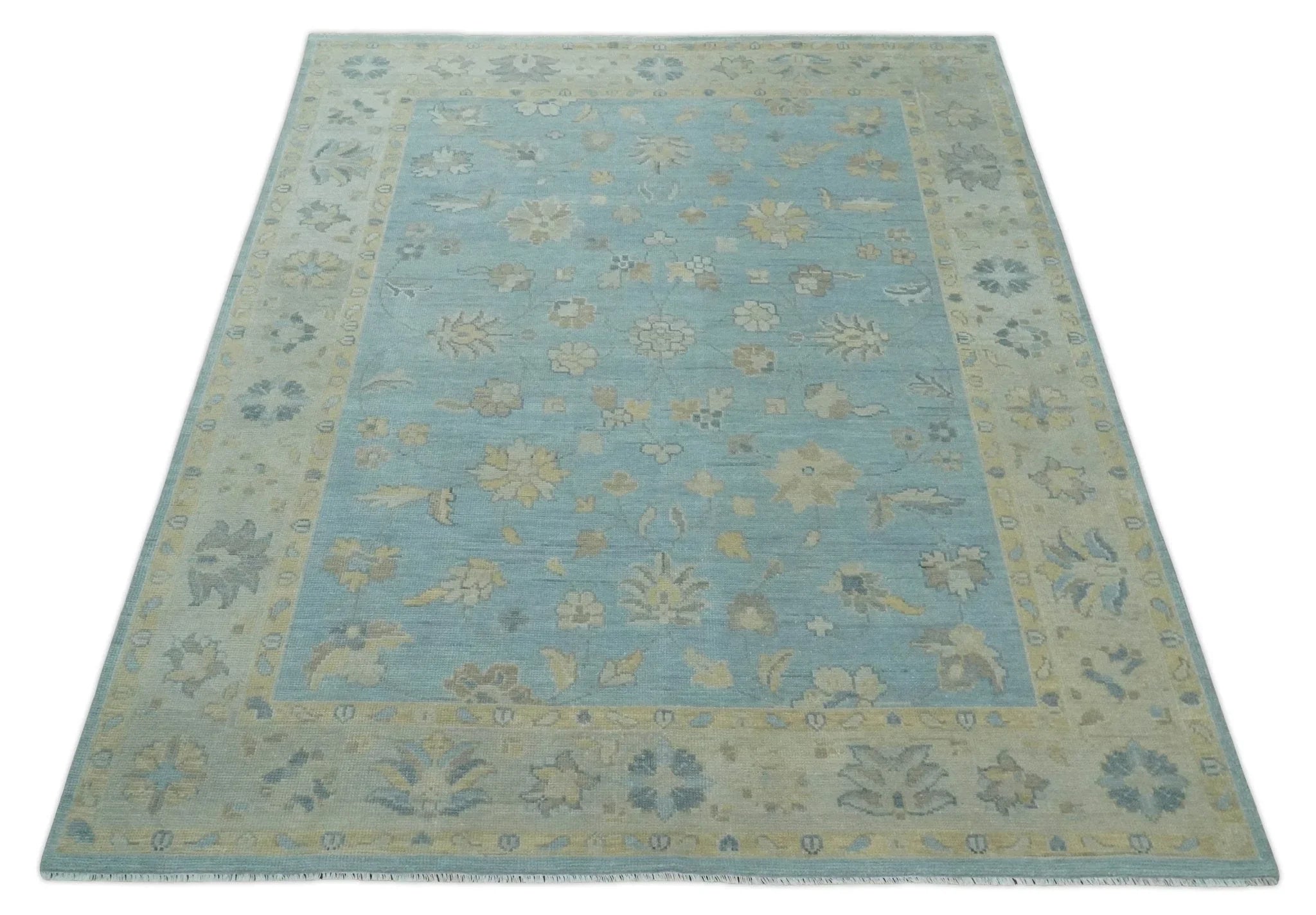 Made to Order Aqua, Beige and Ivory Hand Knotted Floral Oushak Wool Rug - The Mayfair Hall