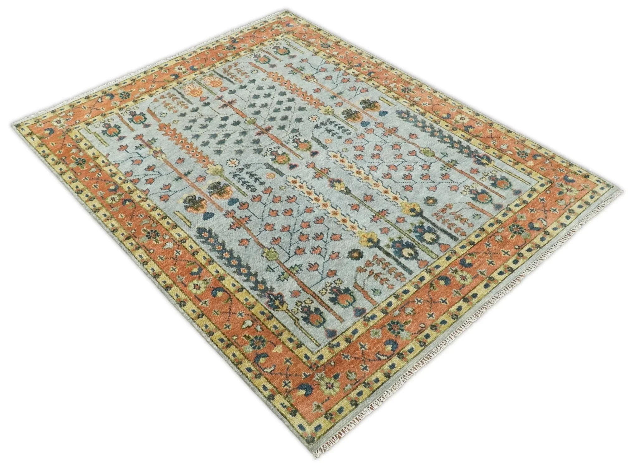 Hand Knotted Rust and Blue Traditional Turkish Vintage Multi Size Wool Rug - The Mayfair Hall