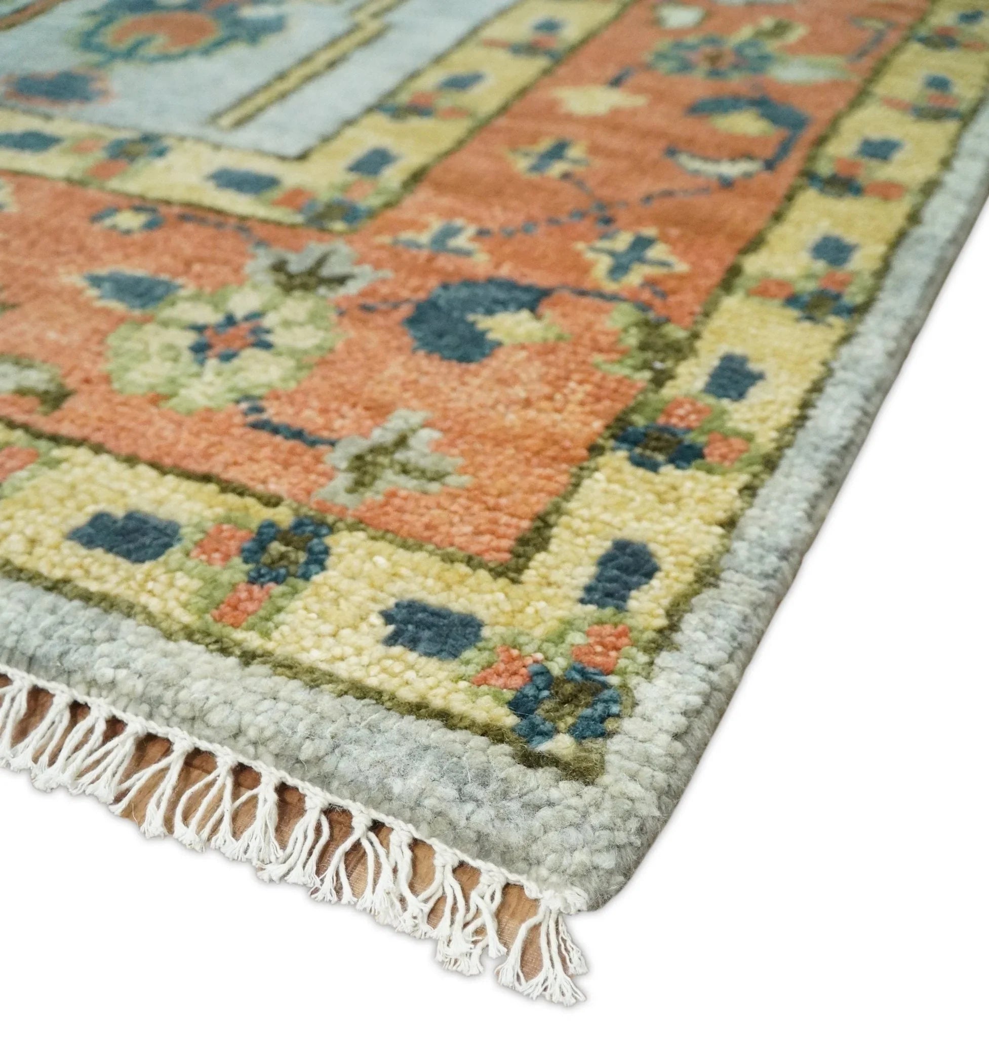 Hand Knotted Rust and Blue Traditional Turkish Vintage Multi Size Wool Rug - The Mayfair Hall