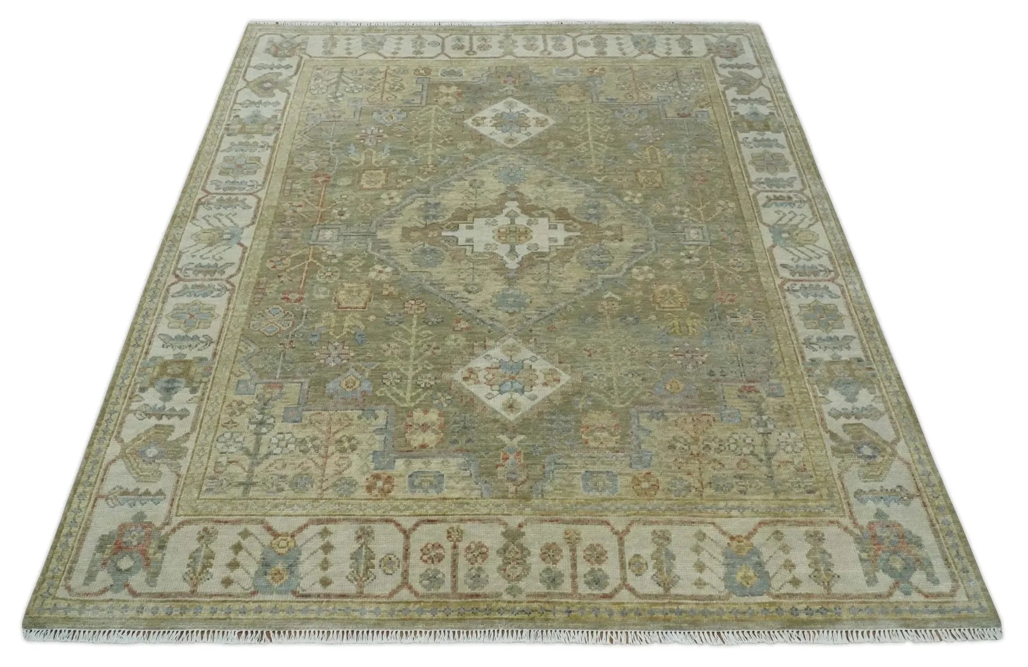 8x10 Hand Knotted Olive and Ivory Traditional Vintage Heriz Serapi Antique Wool Rug | TRDCP1076S - The Mayfair Hall