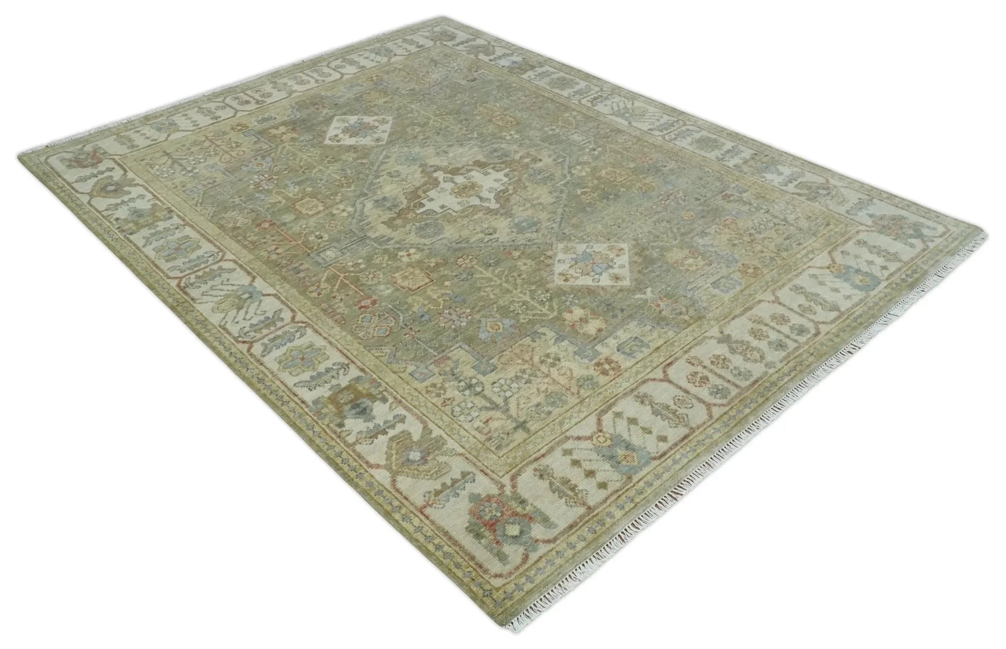 8x10 Hand Knotted Olive and Ivory Traditional Vintage Heriz Serapi Antique Wool Rug | TRDCP1076S - The Mayfair Hall