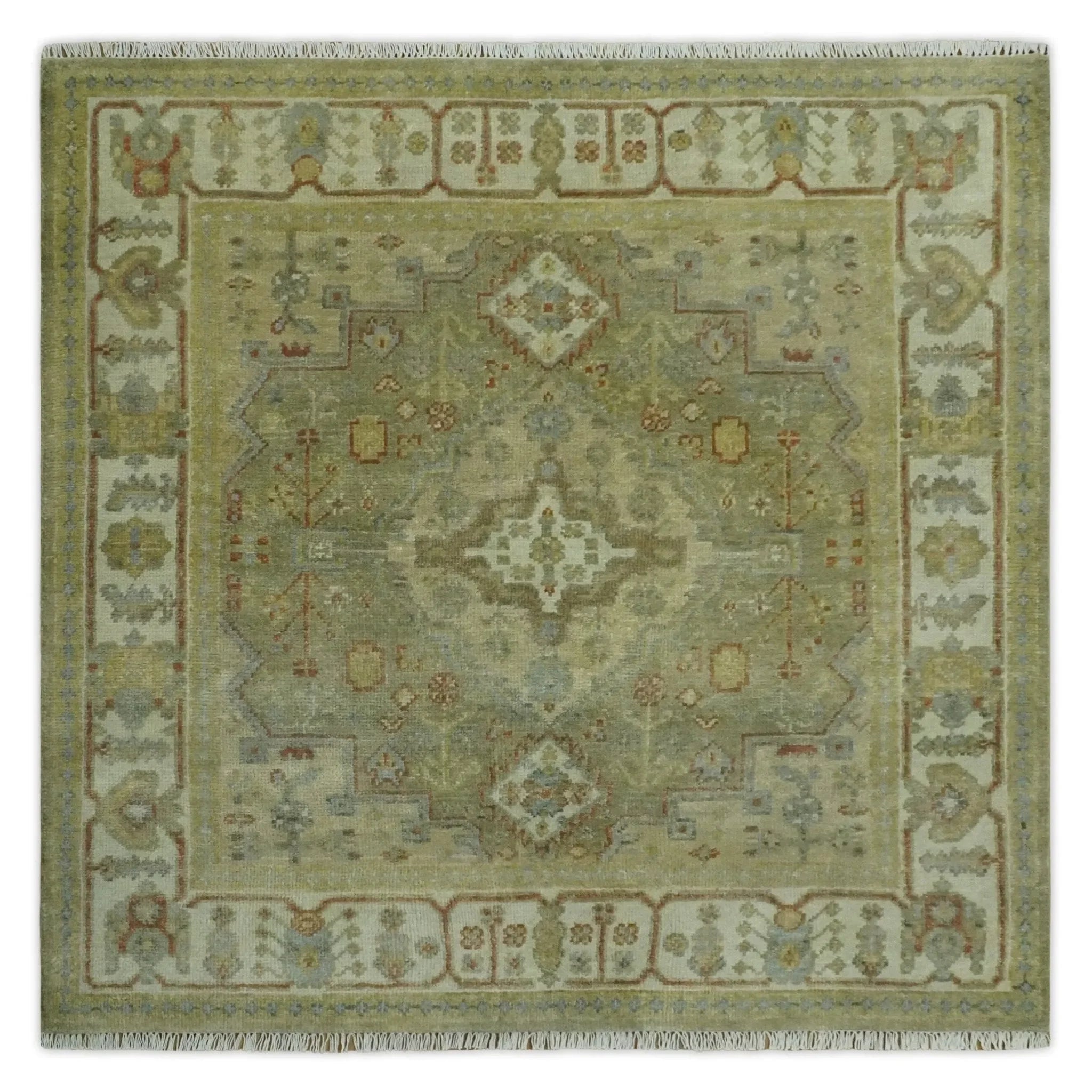 8x10 Hand Knotted Olive and Ivory Traditional Vintage Heriz Serapi Antique Wool Rug | TRDCP1076S - The Mayfair Hall