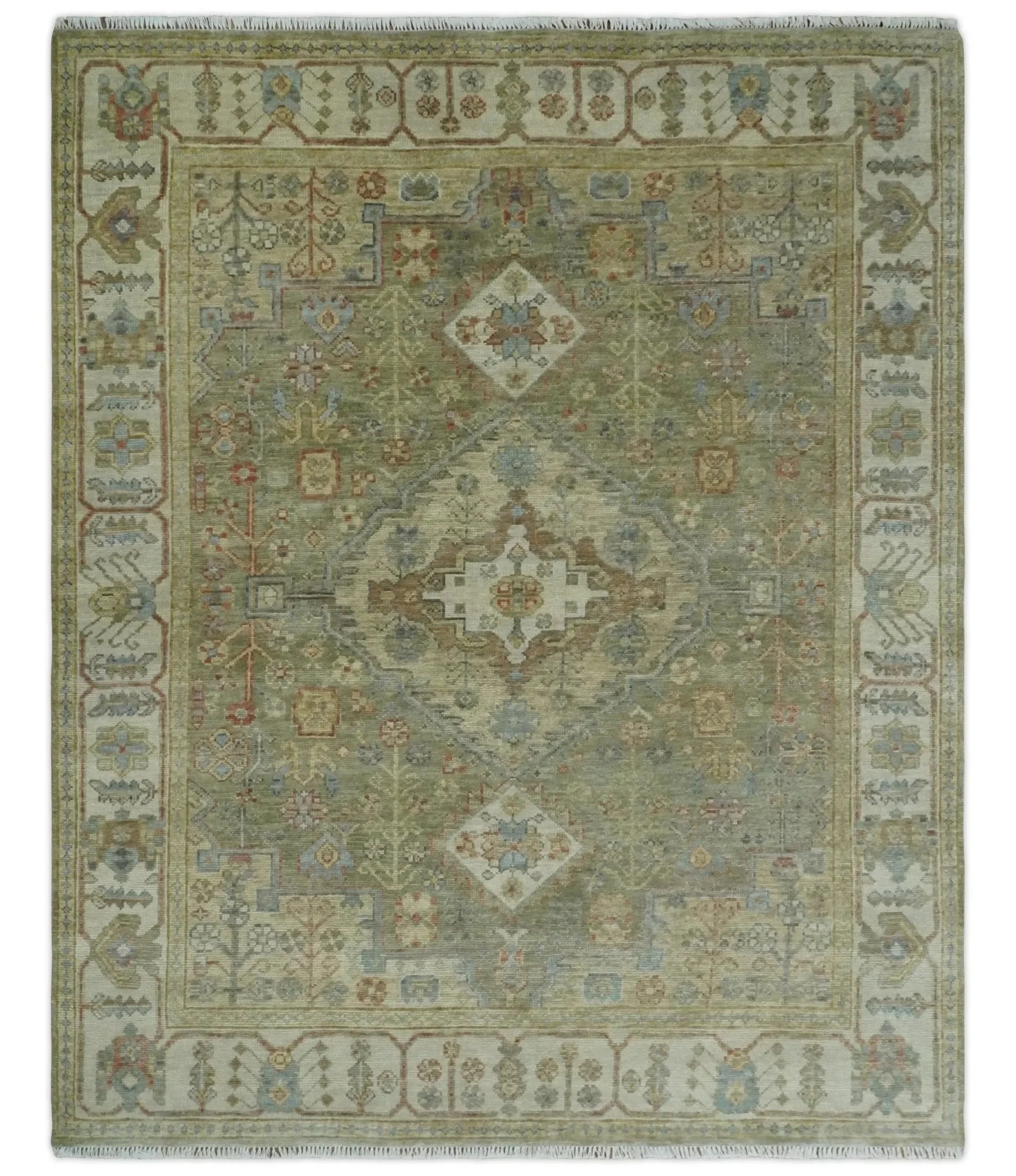 8x10 Hand Knotted Olive and Ivory Traditional Vintage Heriz Serapi Antique Wool Rug | TRDCP1076S - The Mayfair Hall