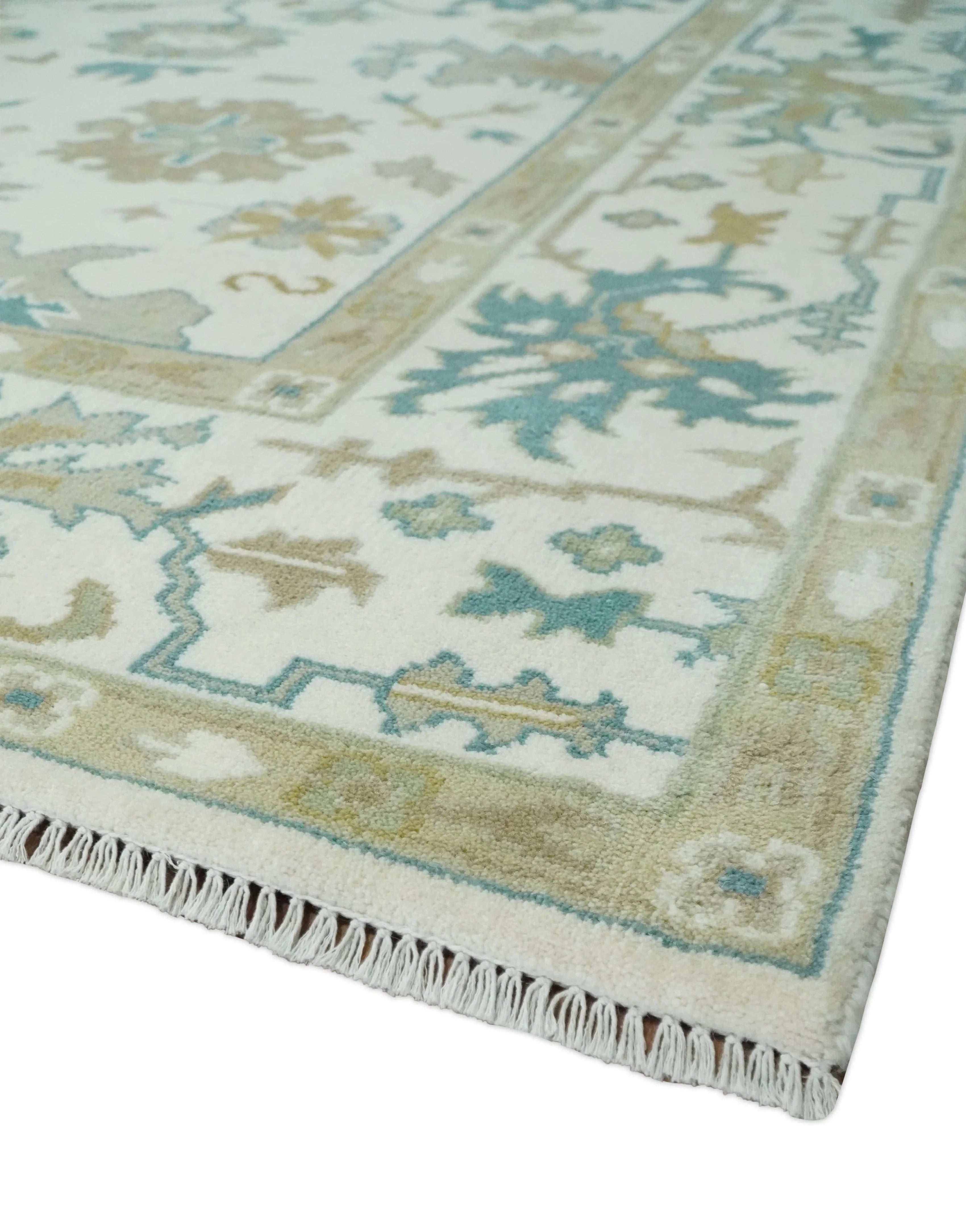 Hand Knotted Ivory, Beige and Teal Antique look Traditional Oushak Multi Size Wool Area Rug - The Mayfair Hall