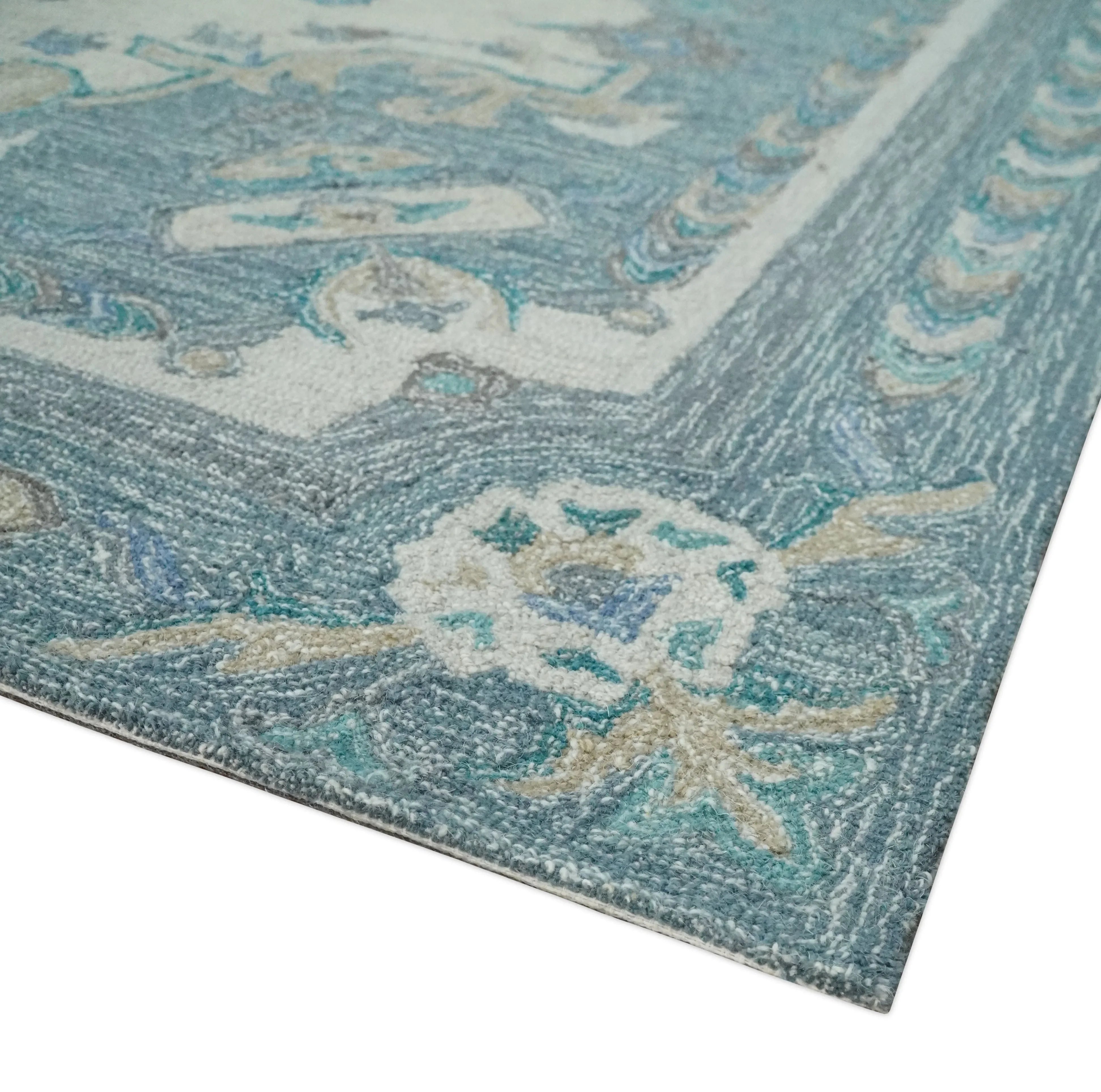 French Design Aubusson Custom Made Ivory and Blue Hand Tufted Wool Area Rug - The Mayfair Hall