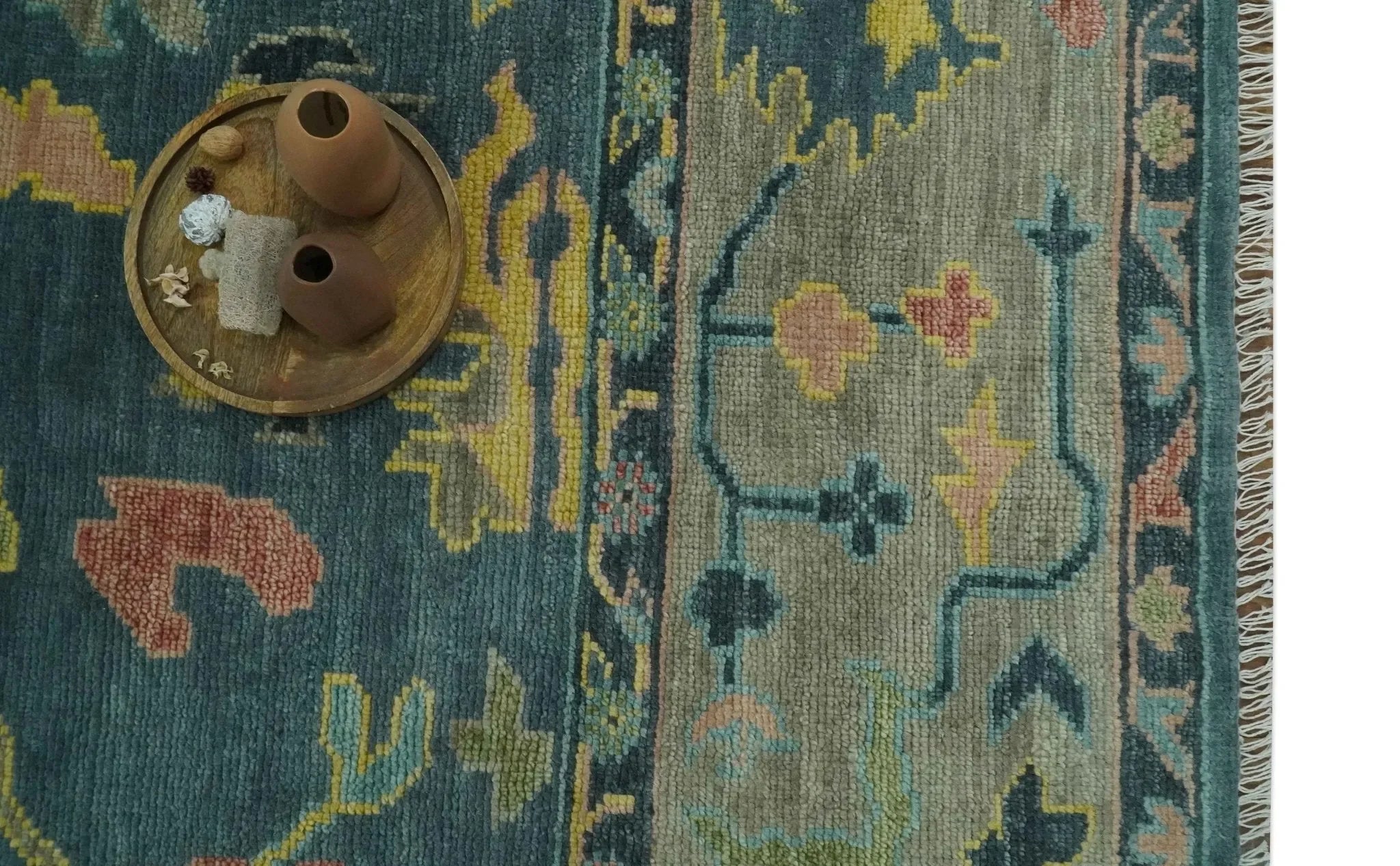 Antique Look Teal and Olive Hand Knotted Traditional Oushak Custom Made Wool Rug - The Mayfair Hall