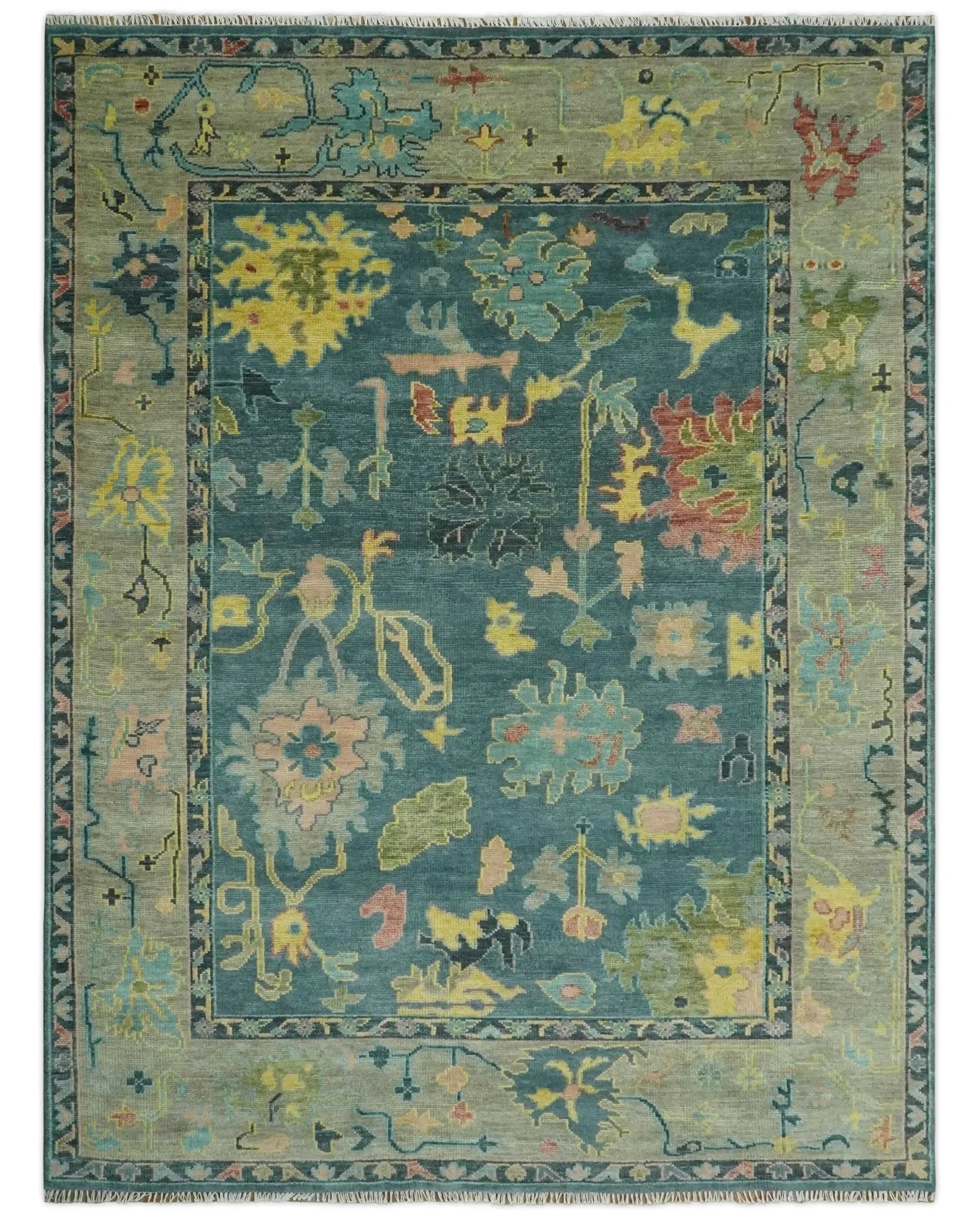 Antique Look Teal and Olive Hand Knotted Traditional Oushak Custom Made Wool Rug - The Mayfair Hall