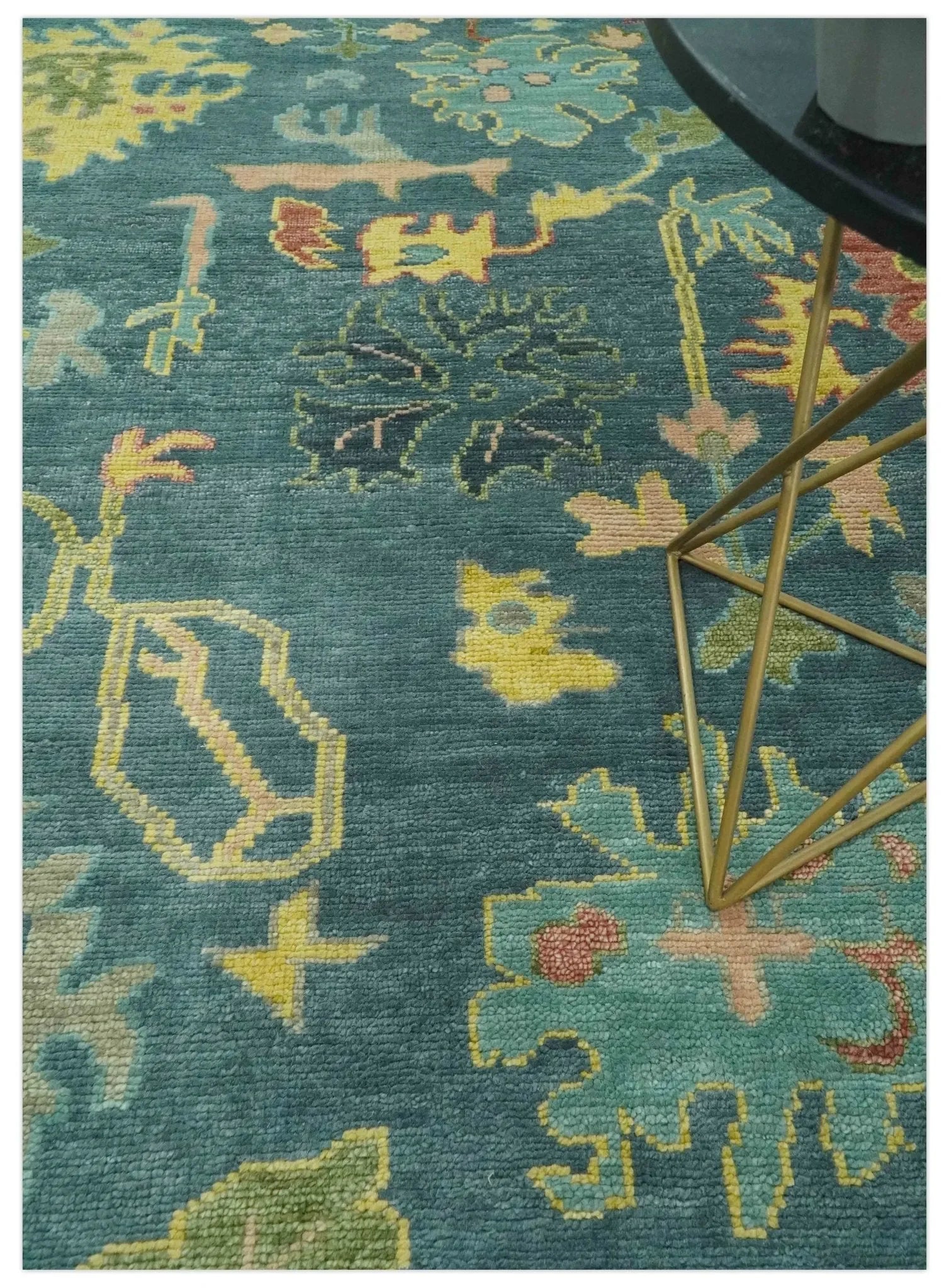Antique Look Teal and Olive Hand Knotted Traditional Oushak Custom Made Wool Rug - The Mayfair Hall