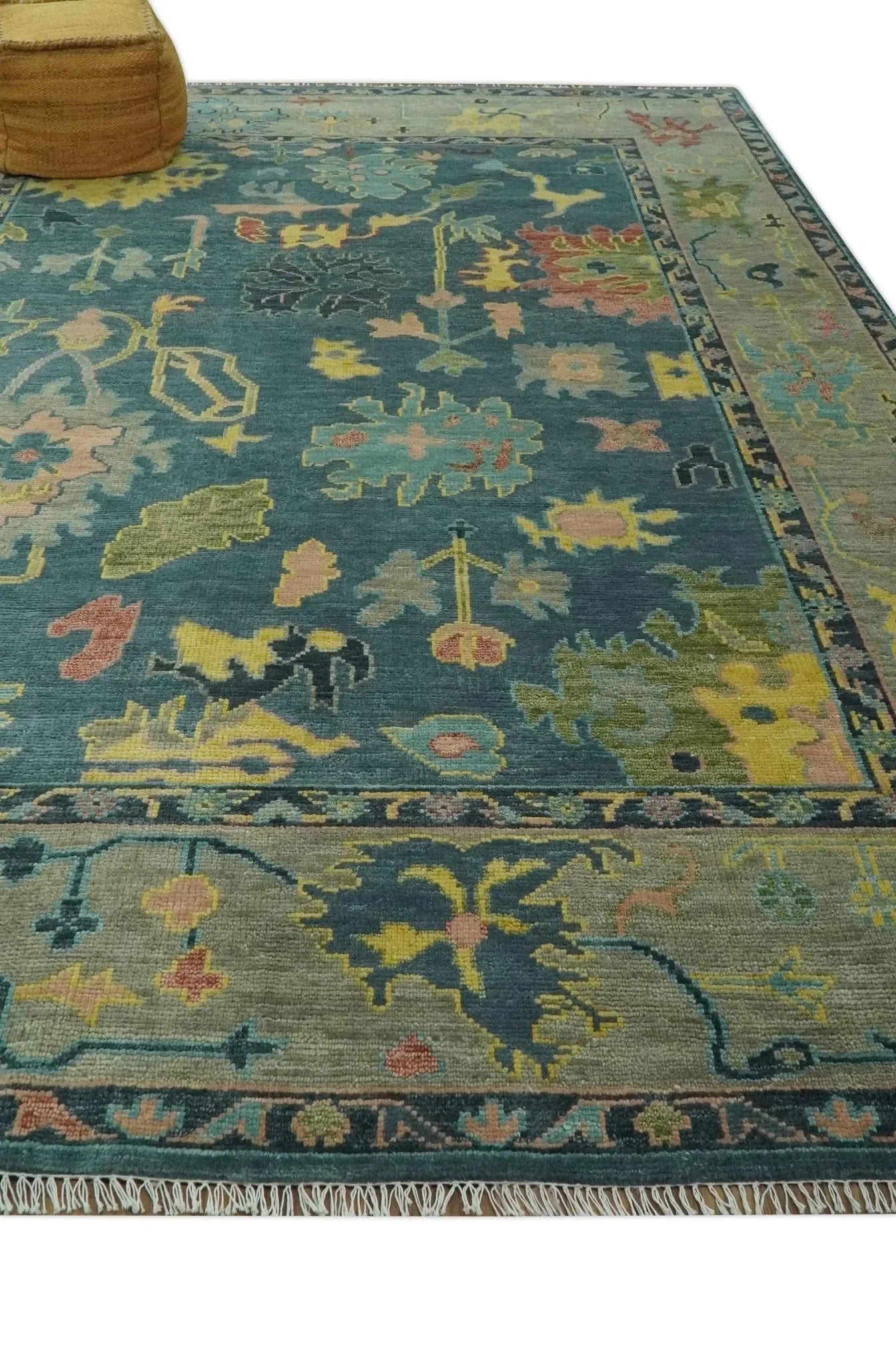 Antique Look Teal and Olive Hand Knotted Traditional Oushak Custom Made Wool Rug - The Mayfair Hall