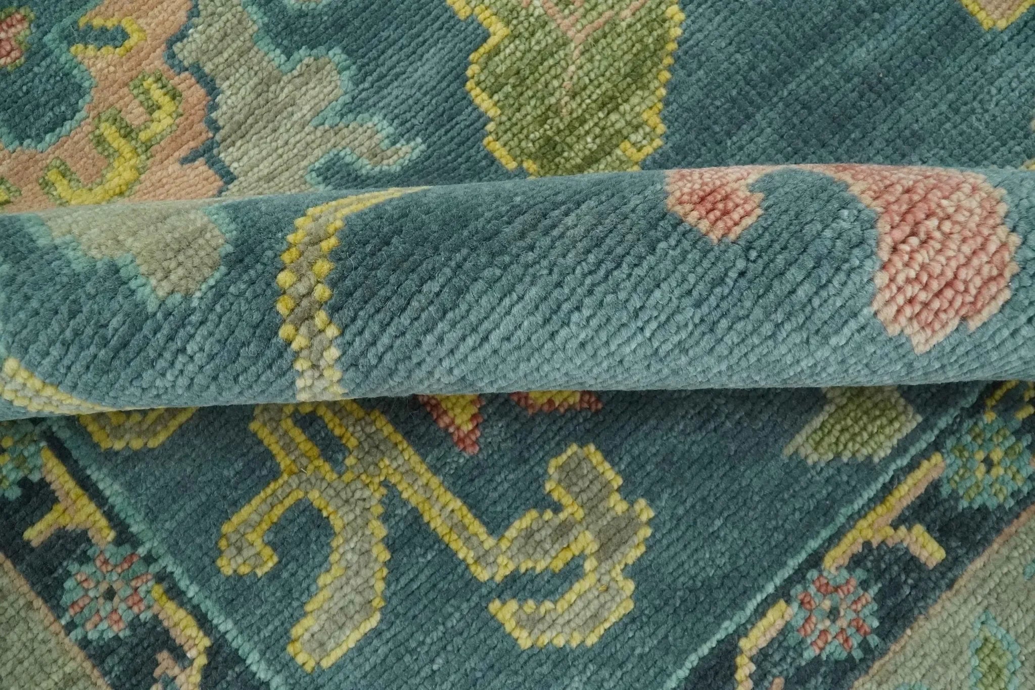 Antique Look Teal and Olive Hand Knotted Traditional Oushak Custom Made Wool Rug - The Mayfair Hall