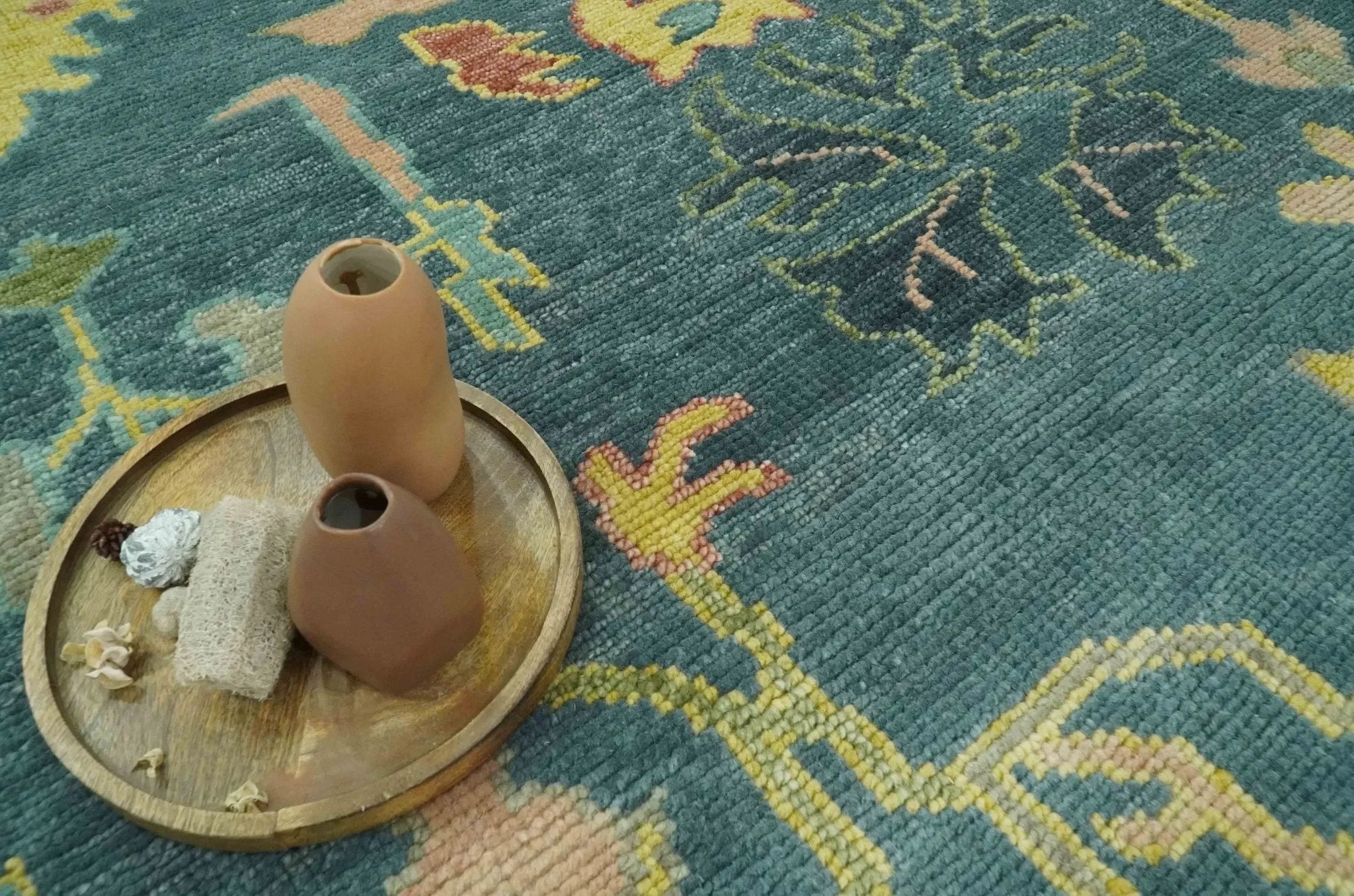 Antique Look Teal and Olive Hand Knotted Traditional Oushak Custom Made Wool Rug - The Mayfair Hall