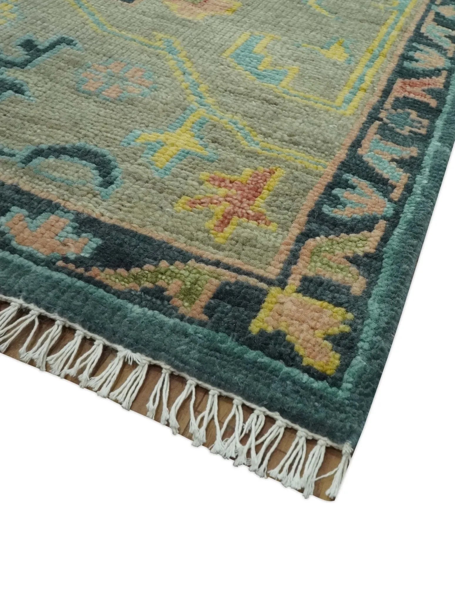Antique Look Teal and Olive Hand Knotted Traditional Oushak Custom Made Wool Rug - The Mayfair Hall