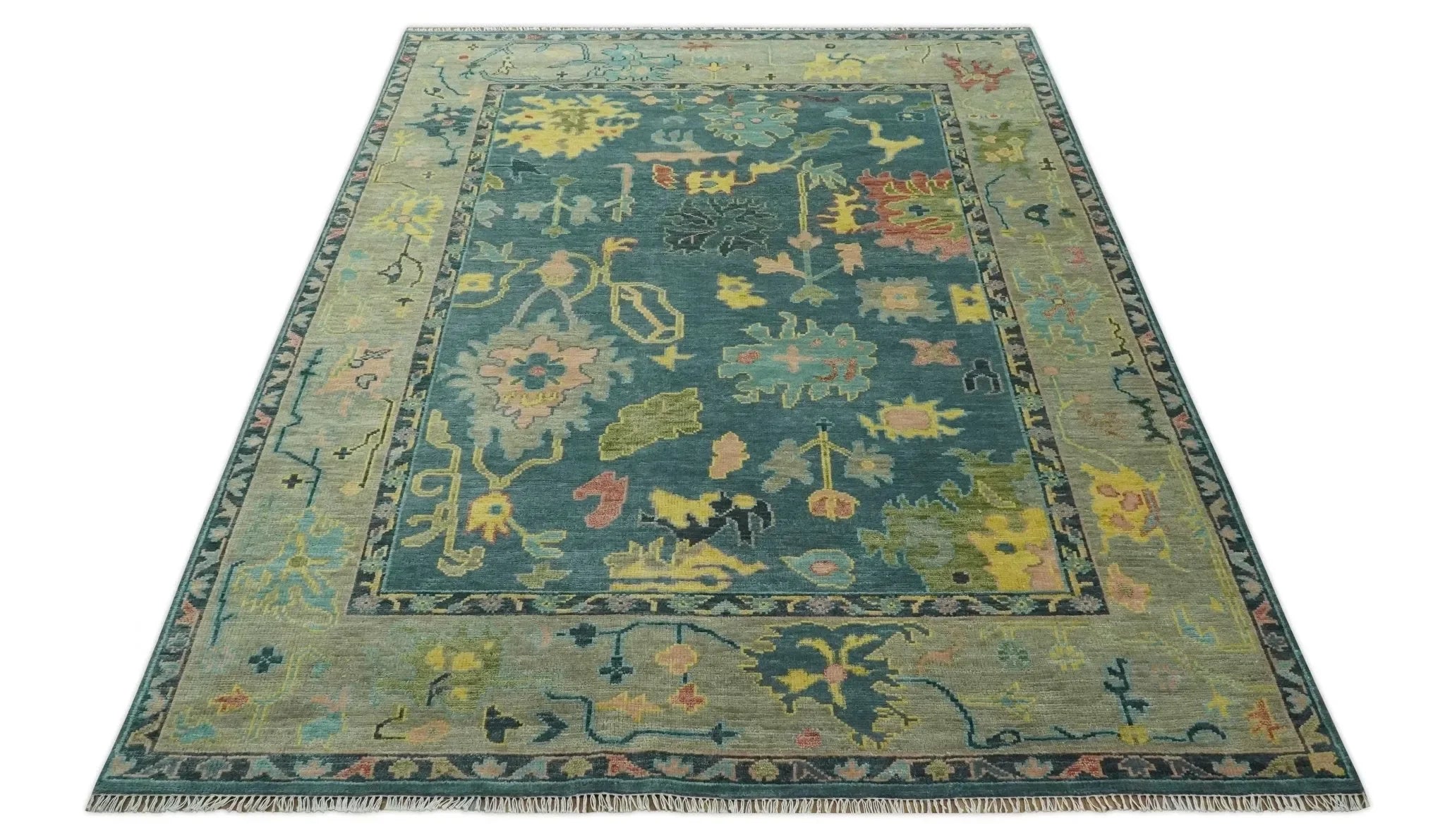 Antique Look Teal and Olive Hand Knotted Traditional Oushak Custom Made Wool Rug - The Mayfair Hall