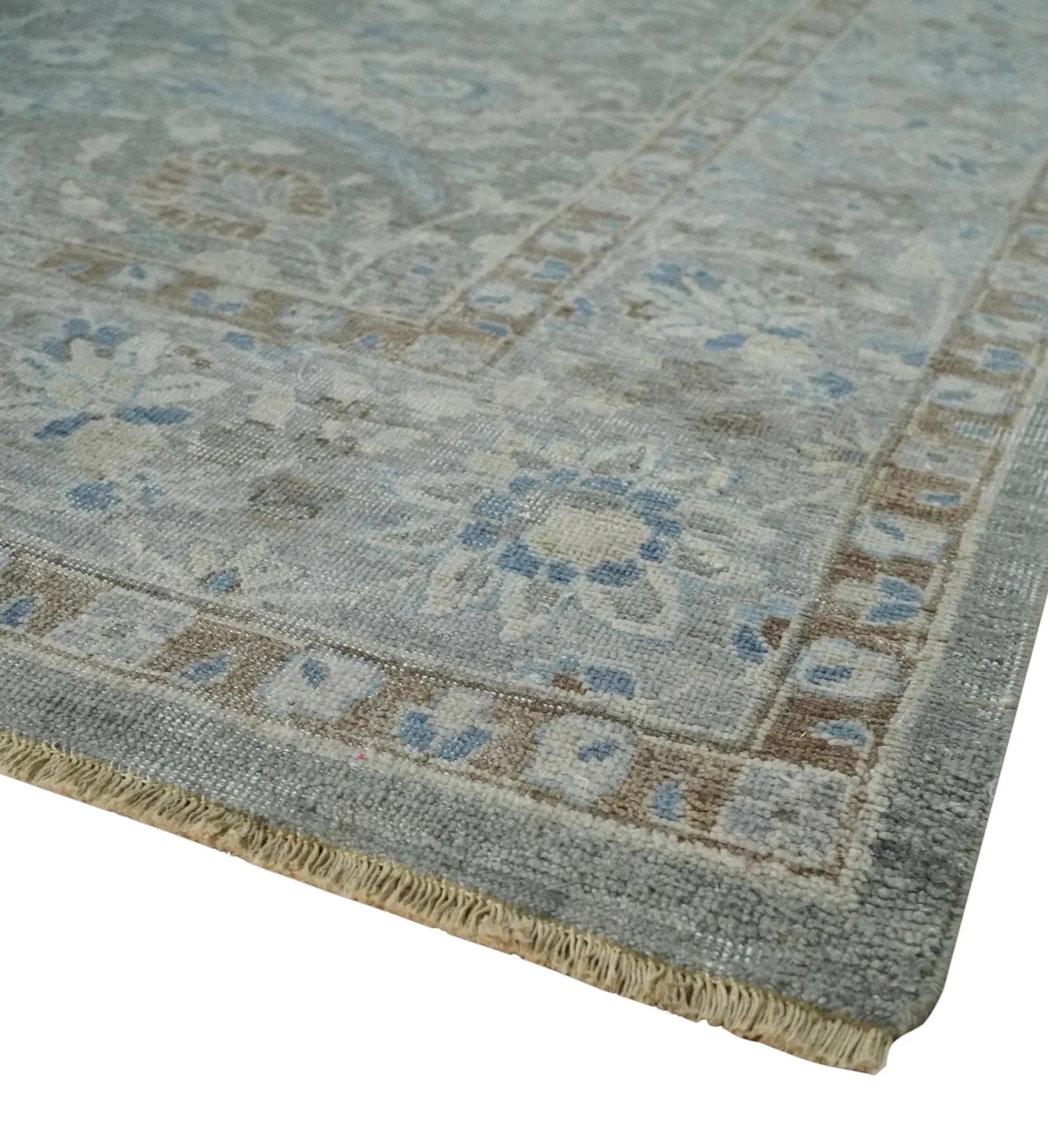 Antique Style Blue, Gray and Beige Hand knotted Classic Distressed Finished Custom Made wool Area Rug - The Mayfair Hall