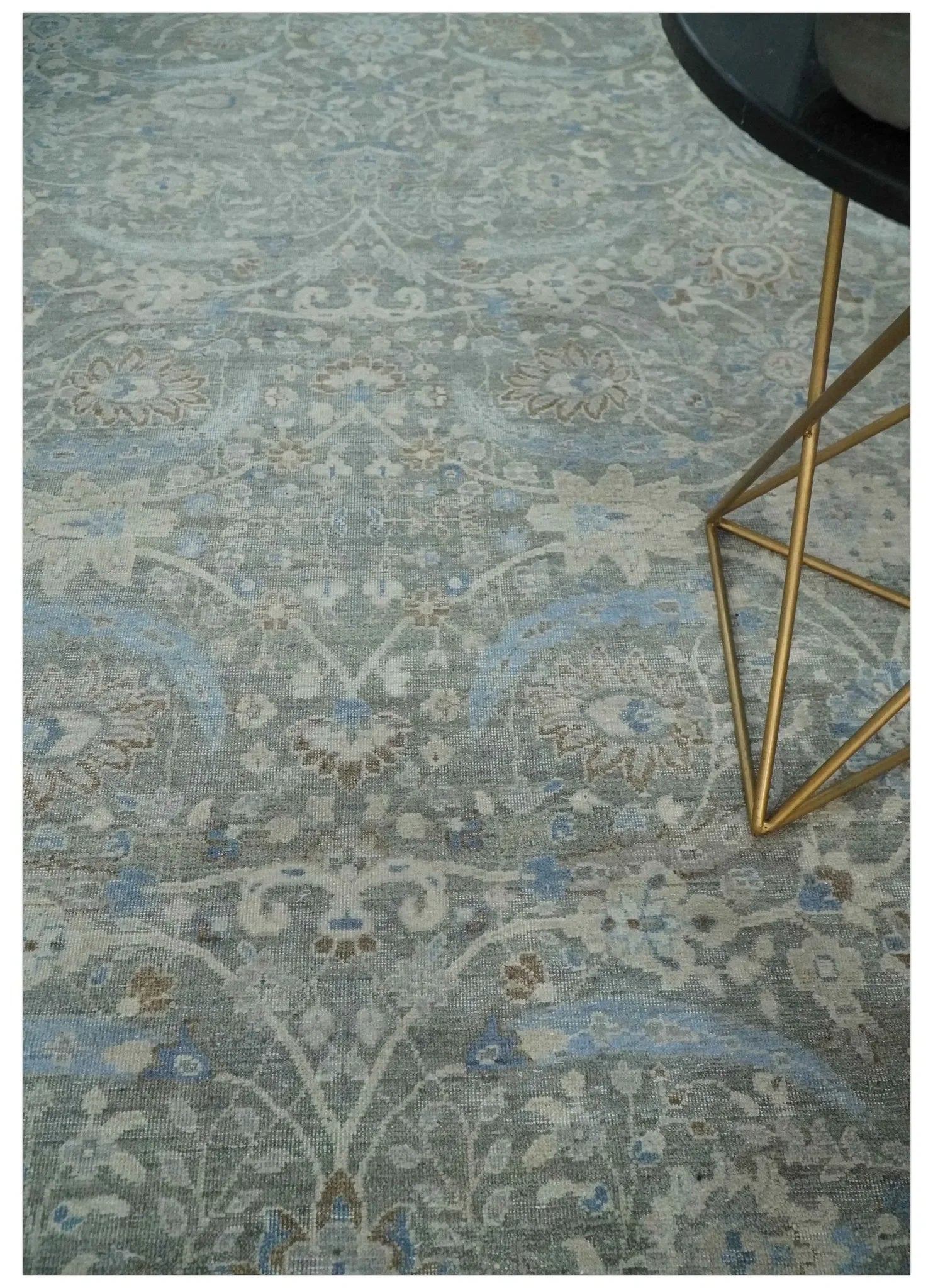 Antique Style Blue, Gray and Beige Hand knotted Classic Distressed Finished Custom Made wool Area Rug - The Mayfair Hall