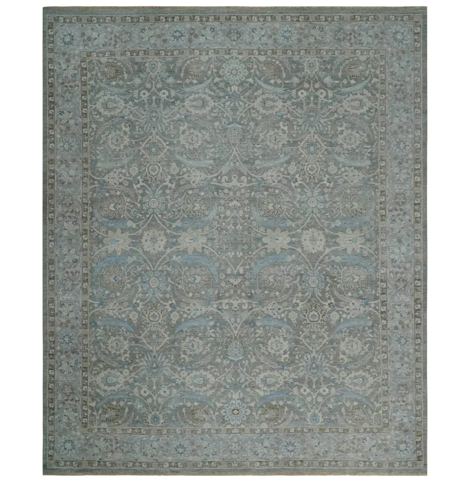 Antique Style Blue, Gray and Beige Hand knotted Classic Distressed Finished Custom Made wool Area Rug - The Mayfair Hall