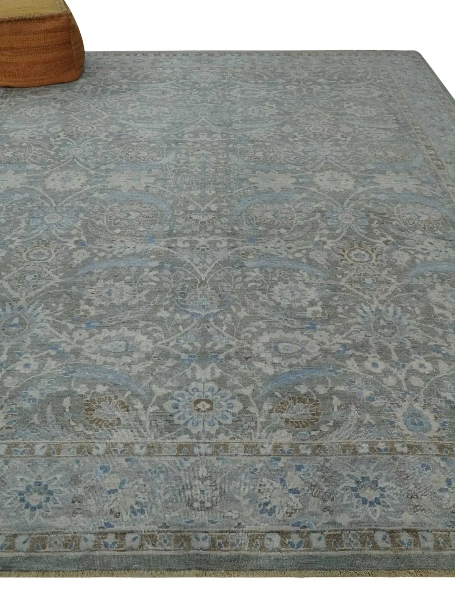 Antique Style Blue, Gray and Beige Hand knotted Classic Distressed Finished Custom Made wool Area Rug - The Mayfair Hall