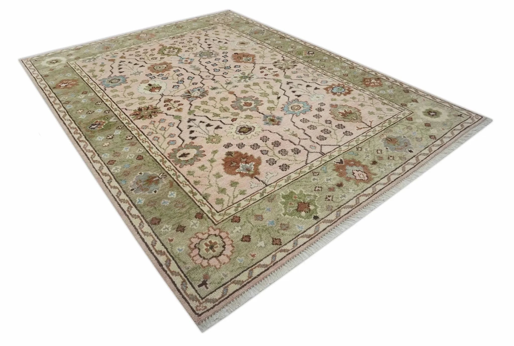 Antique Style floral Hand knotted Peach Pink and Green Custom Made Wool Area Rug - The Mayfair Hall