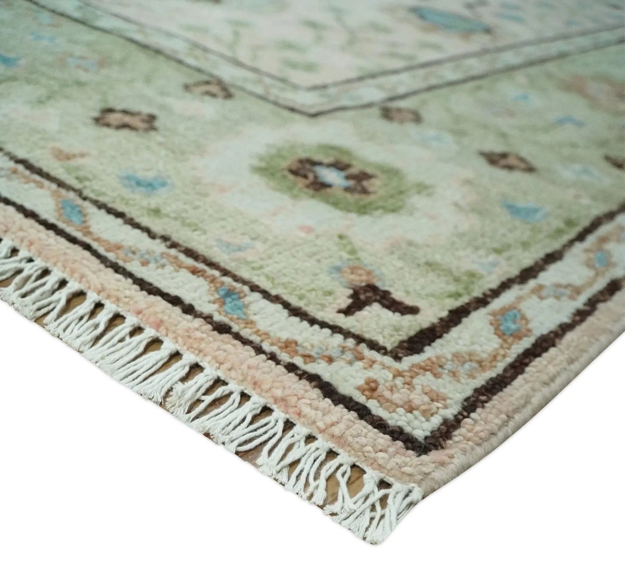 Antique Style floral Hand knotted Peach Pink and Green Custom Made Wool Area Rug - The Mayfair Hall
