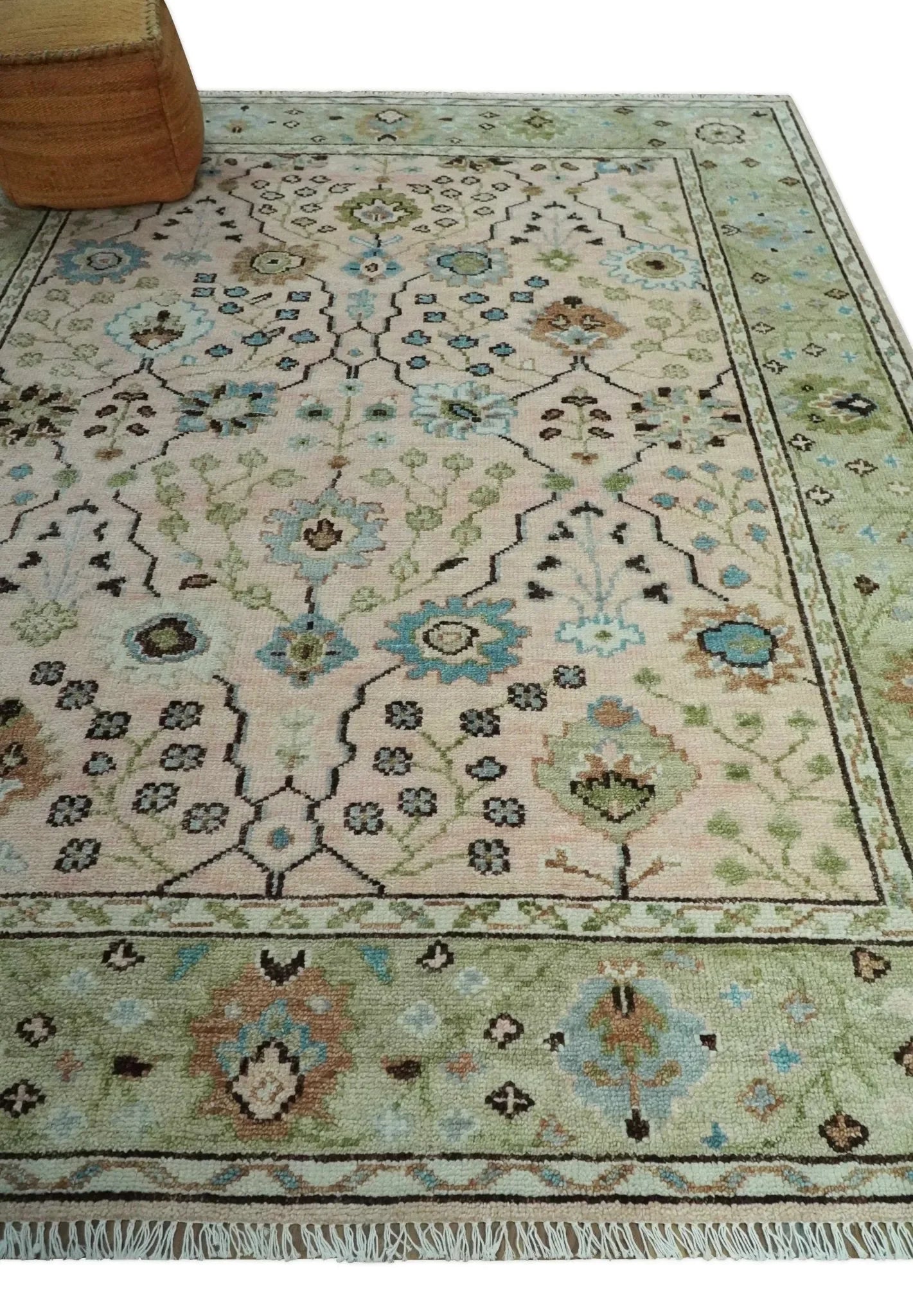 Antique Style floral Hand knotted Peach Pink and Green Custom Made Wool Area Rug - The Mayfair Hall