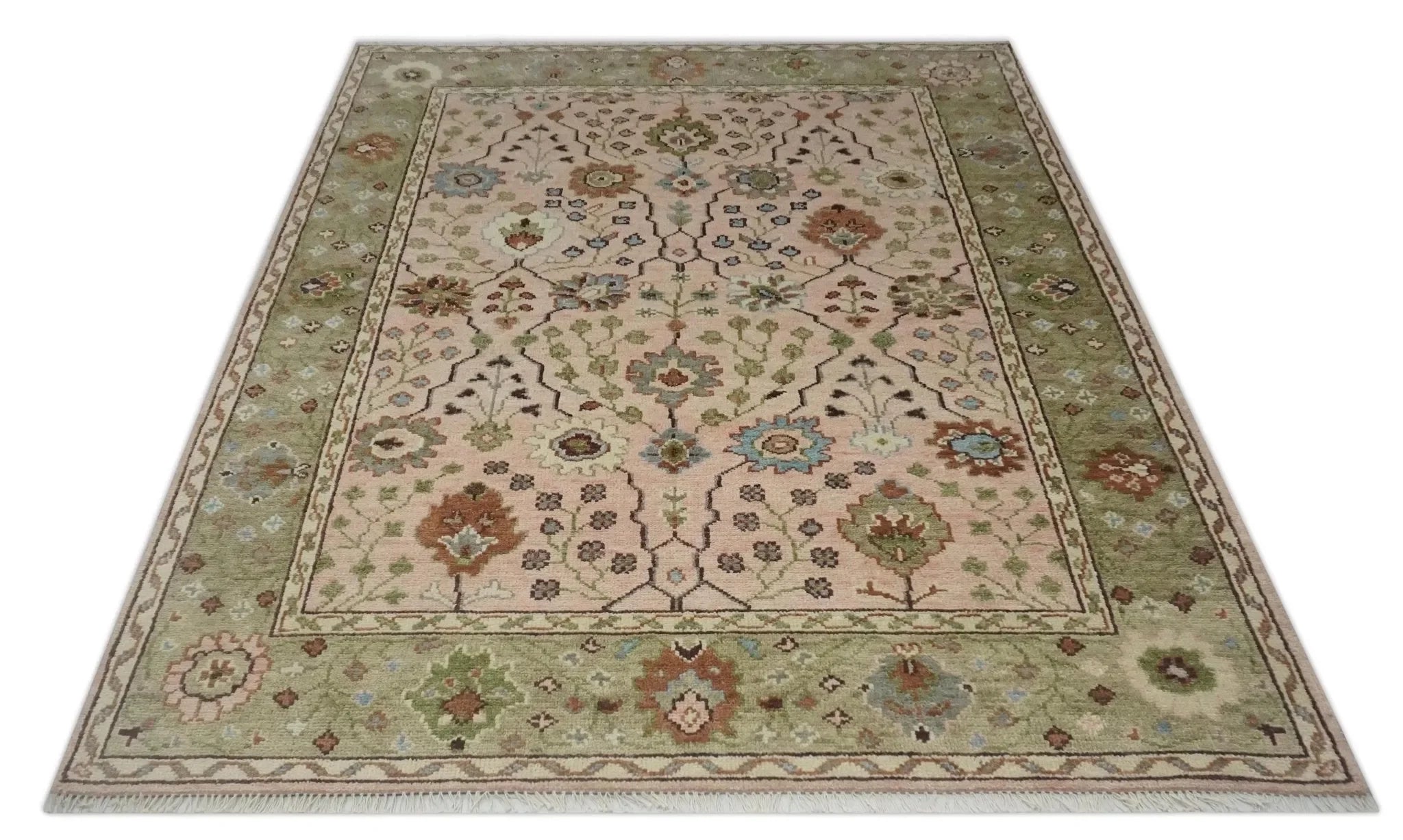 Antique Style floral Hand knotted Peach Pink and Green Custom Made Wool Area Rug - The Mayfair Hall