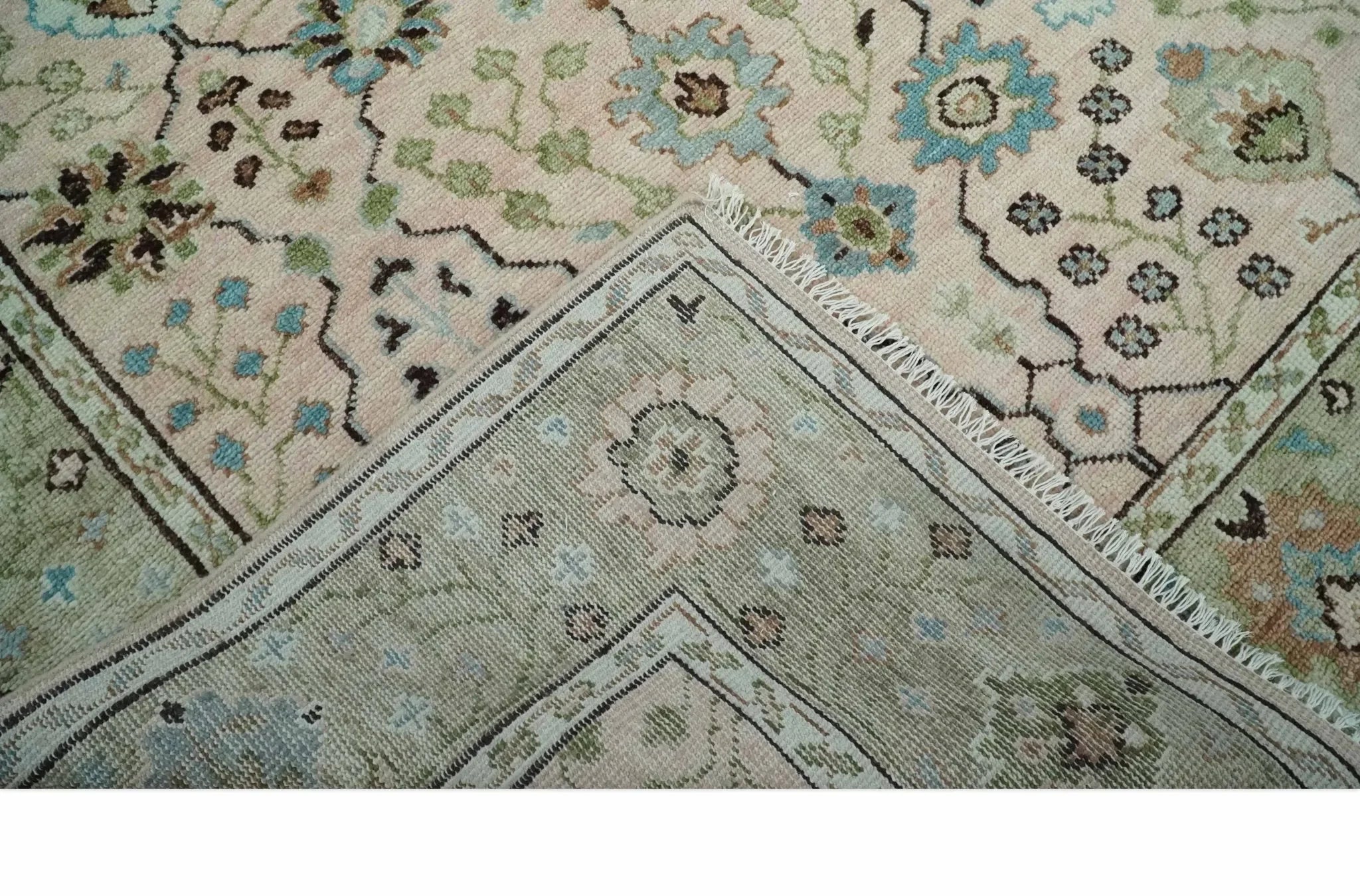 Antique Style floral Hand knotted Peach Pink and Green Custom Made Wool Area Rug - The Mayfair Hall