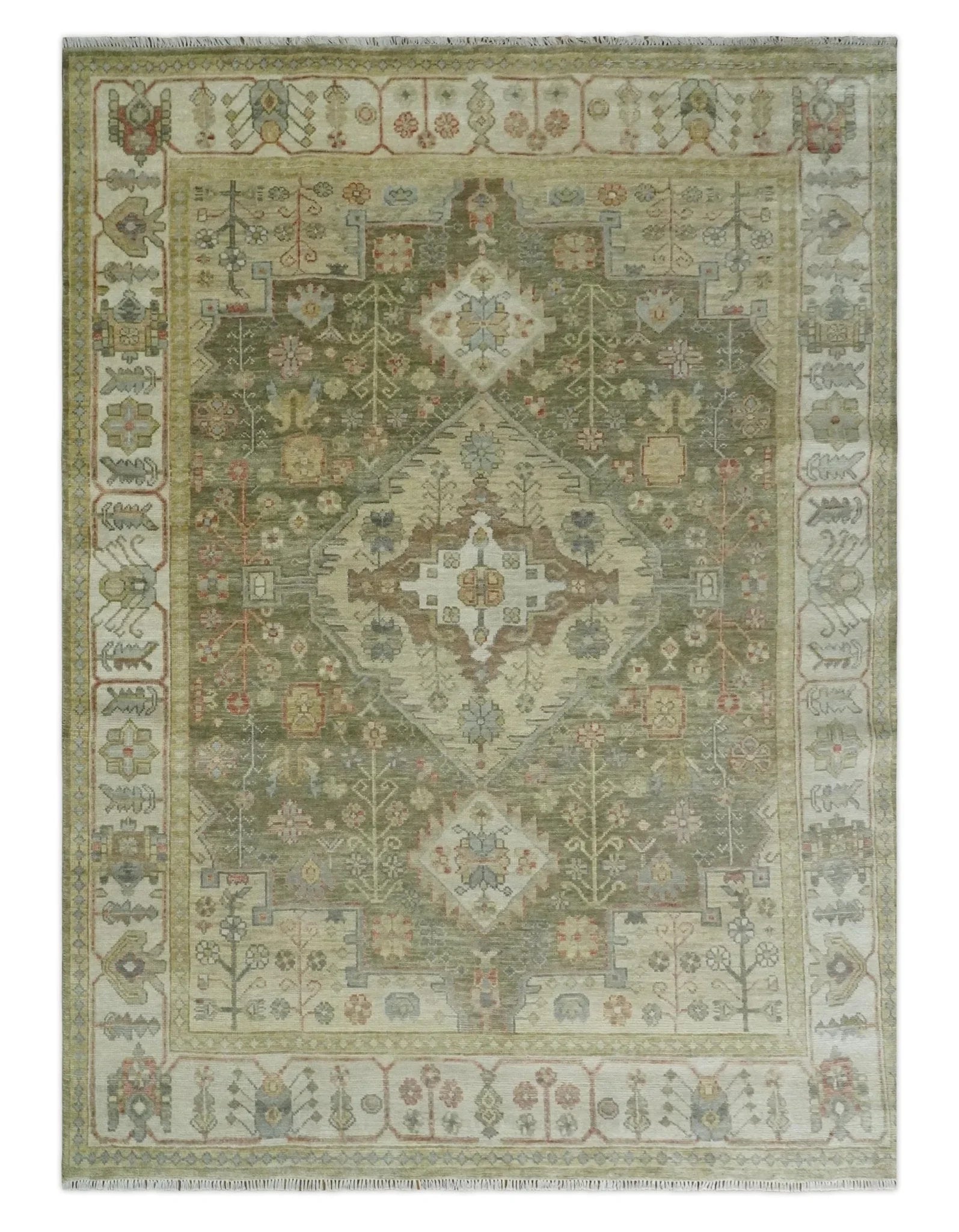Antique Style Green, Ivory and Beige Hand knotted Heriz Serapi Multi Size wool Area Rug - The Mayfair Hall