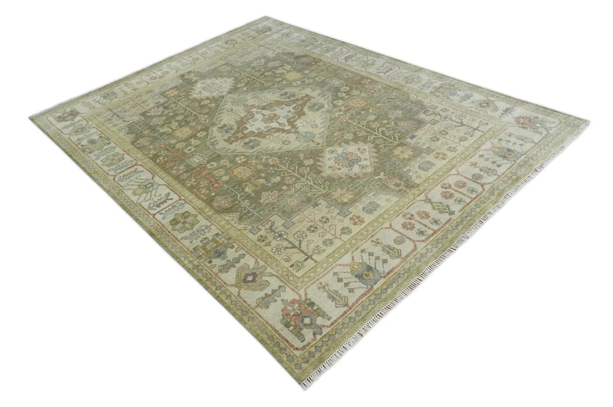 Antique Style Green, Ivory and Beige Hand knotted Heriz Serapi Multi Size wool Area Rug - The Mayfair Hall